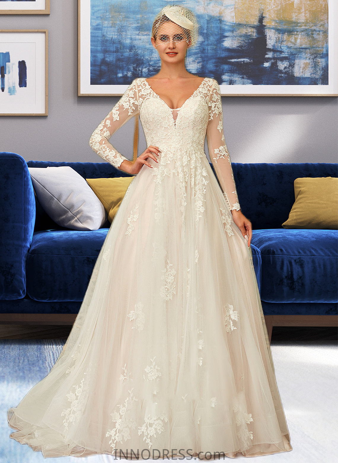 Liliana Ball-Gown/Princess V-neck Sweep Train Tulle Lace Wedding Dress DPP0013698