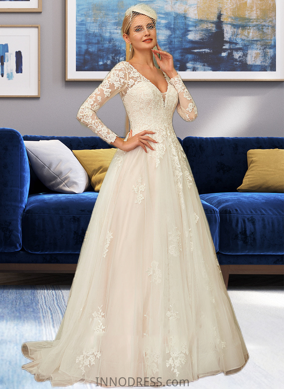 Liliana Ball-Gown/Princess V-neck Sweep Train Tulle Lace Wedding Dress DPP0013698