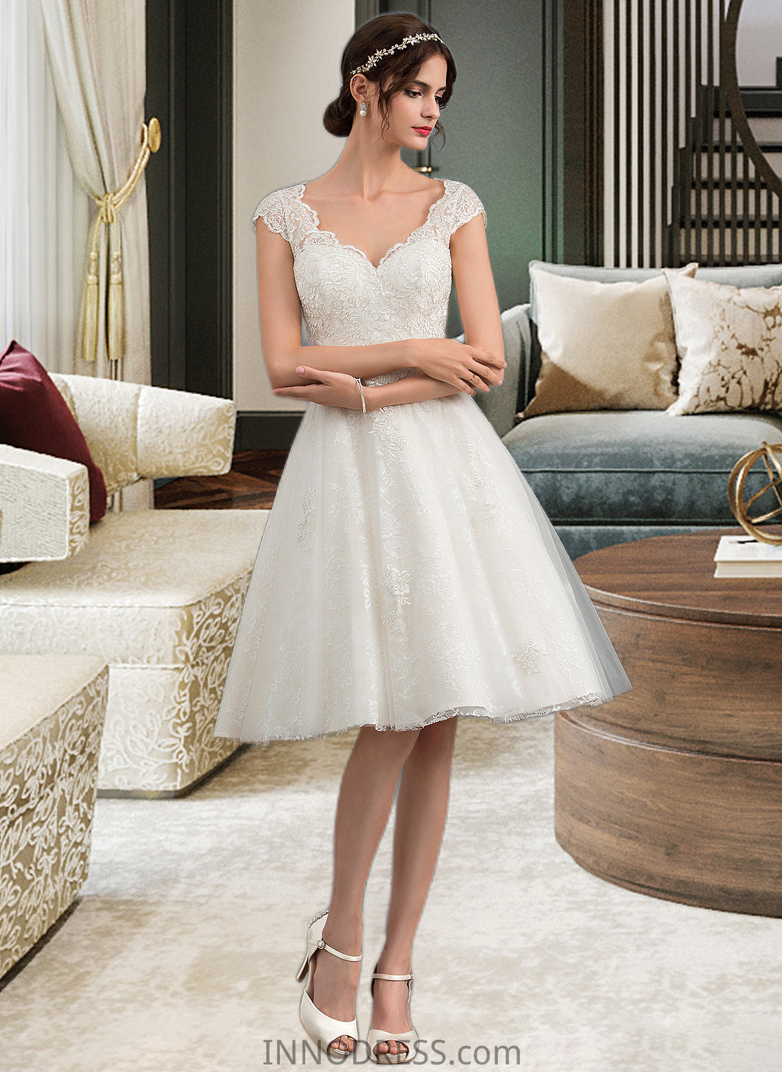 Jessie A-Line V-neck Knee-Length Tulle Lace Wedding Dress DPP0013700