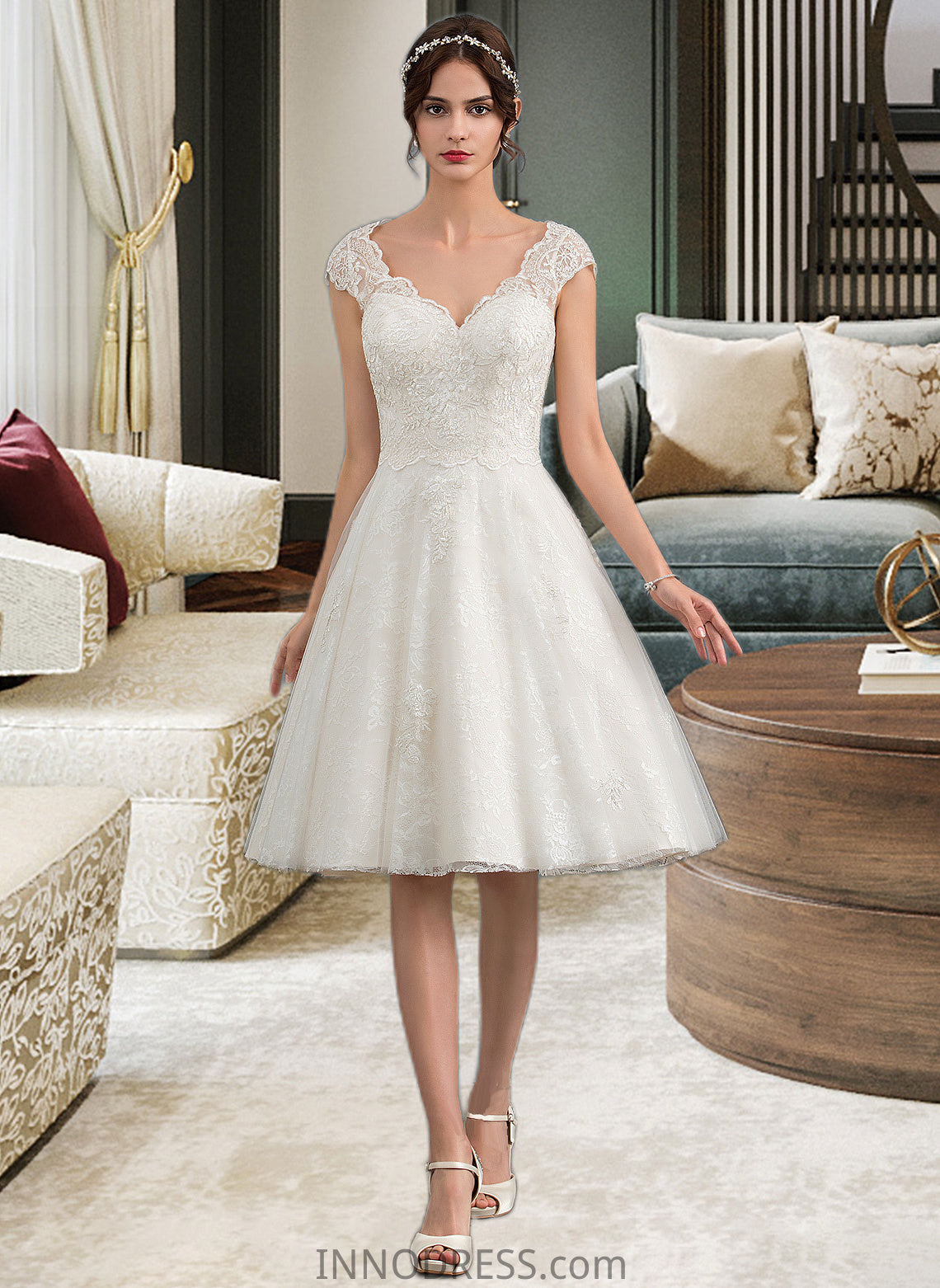 Jessie A-Line V-neck Knee-Length Tulle Lace Wedding Dress DPP0013700