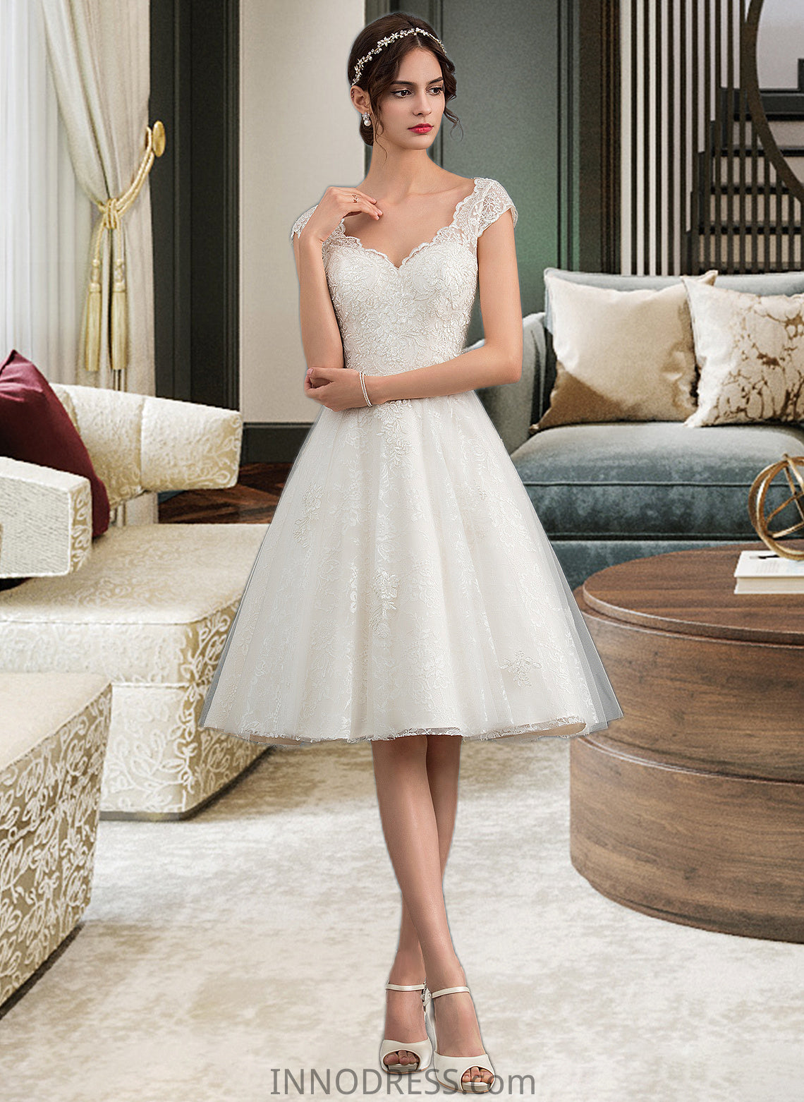 Jessie A-Line V-neck Knee-Length Tulle Lace Wedding Dress DPP0013700