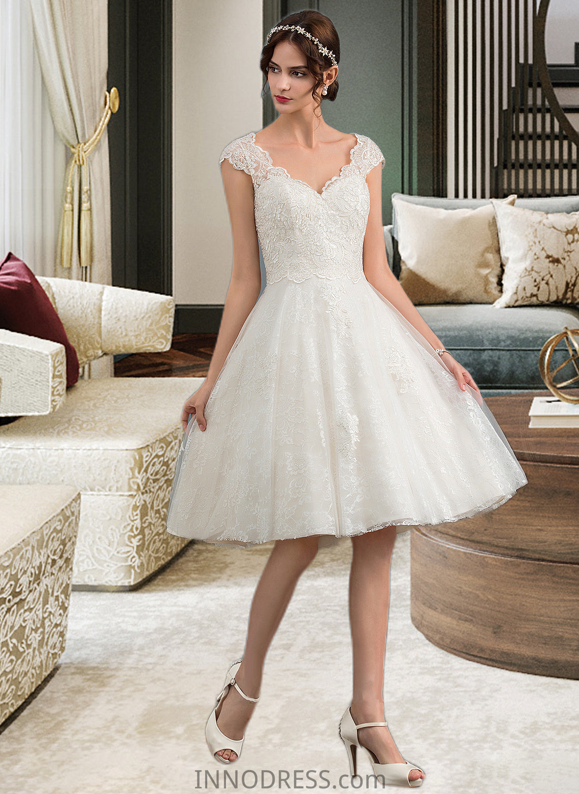 Jessie A-Line V-neck Knee-Length Tulle Lace Wedding Dress DPP0013700