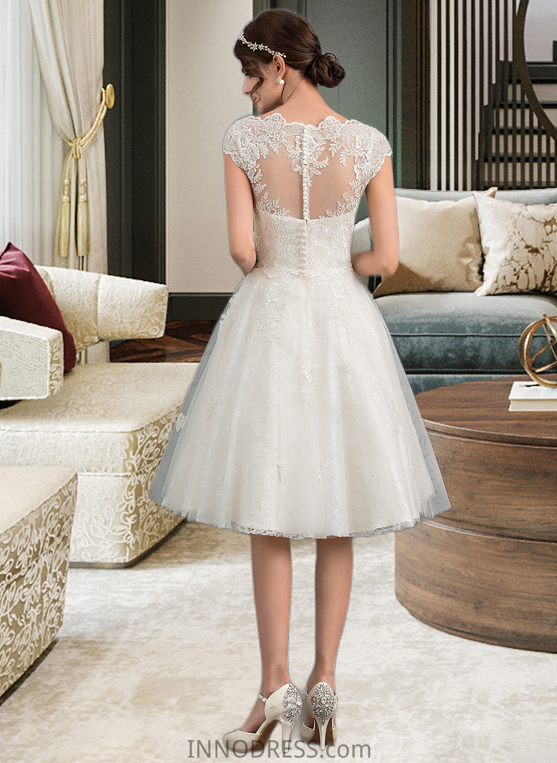 Jessie A-Line V-neck Knee-Length Tulle Lace Wedding Dress DPP0013700