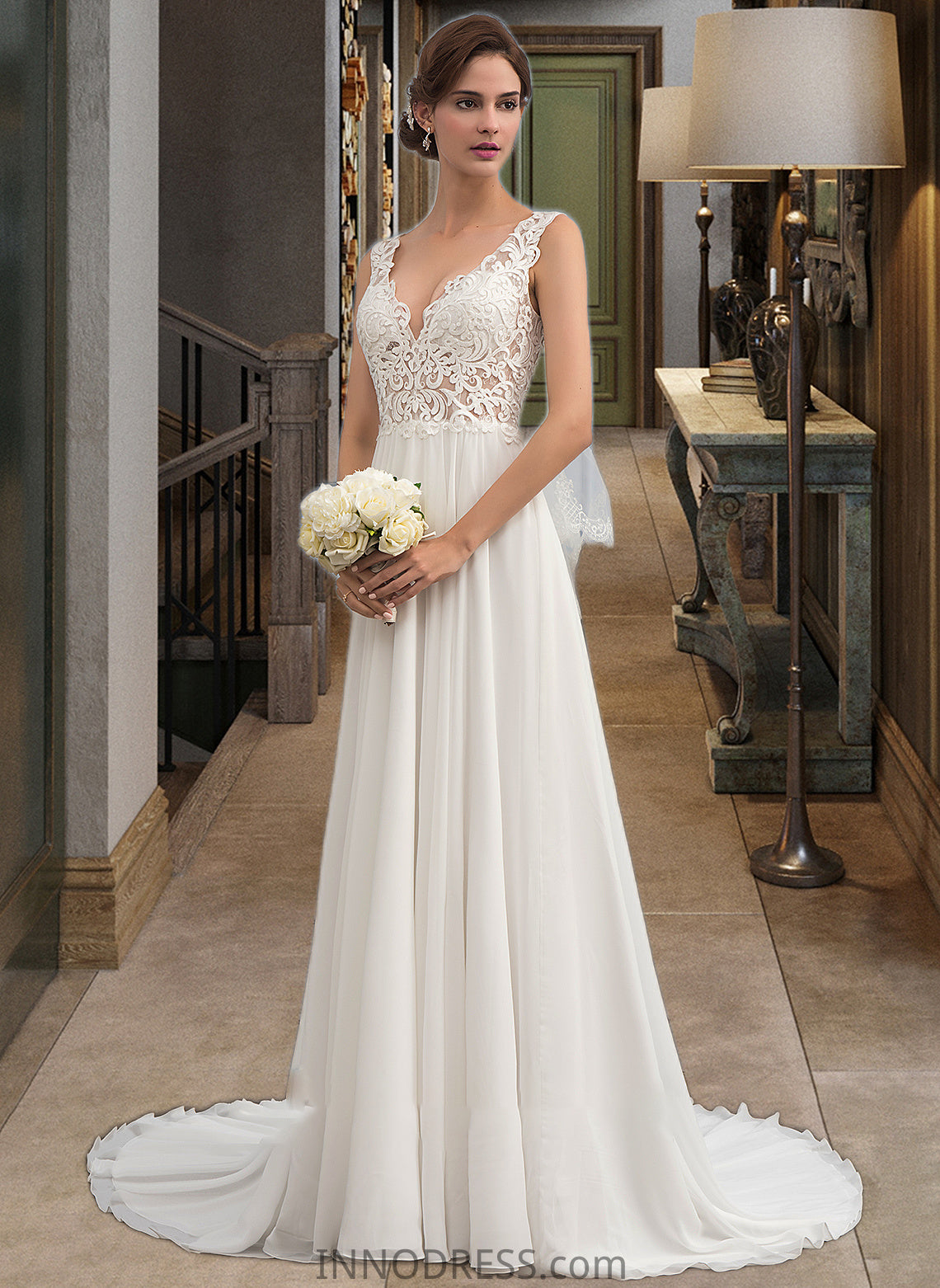 Sophia A-Line V-neck Court Train Chiffon Wedding Dress DPP0013701