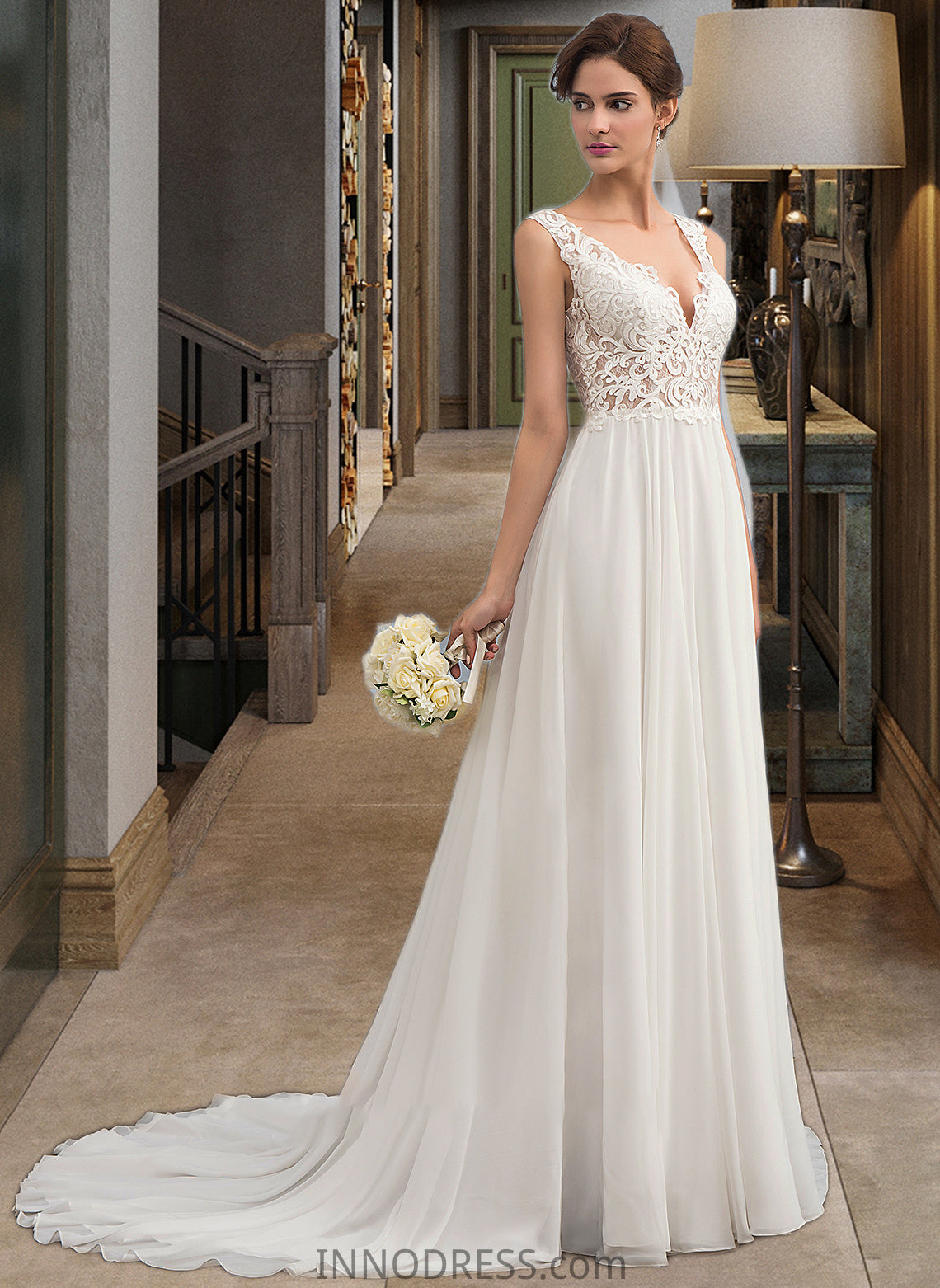 Sophia A-Line V-neck Court Train Chiffon Wedding Dress DPP0013701