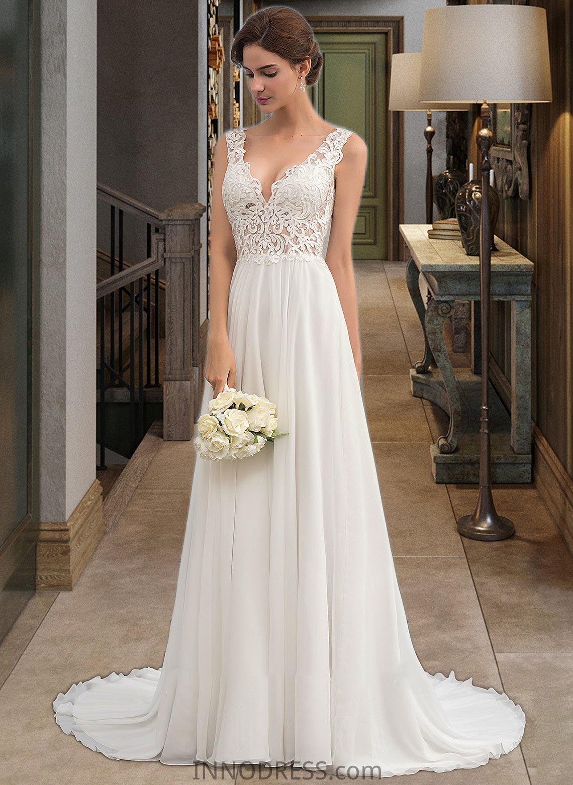 Sophia A-Line V-neck Court Train Chiffon Wedding Dress DPP0013701