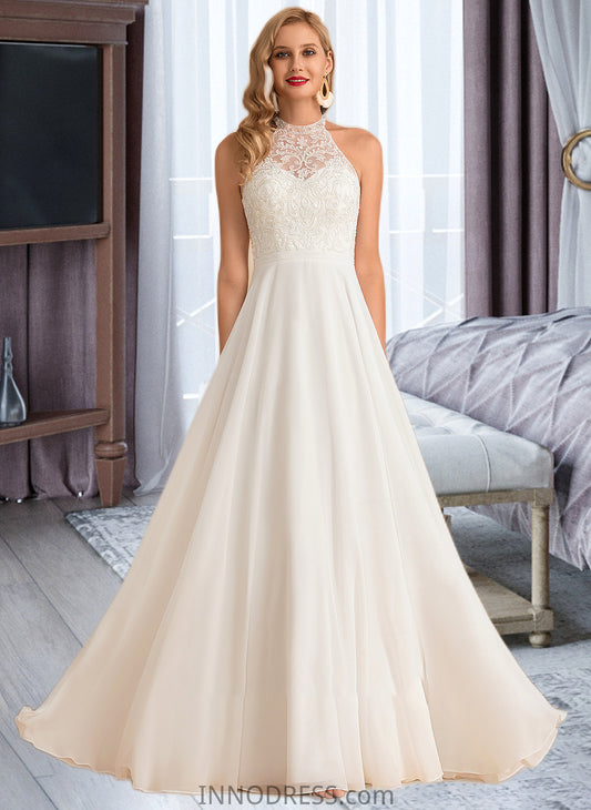 Marina A-Line High Neck Floor-Length Chiffon Wedding Dress DPP0013702