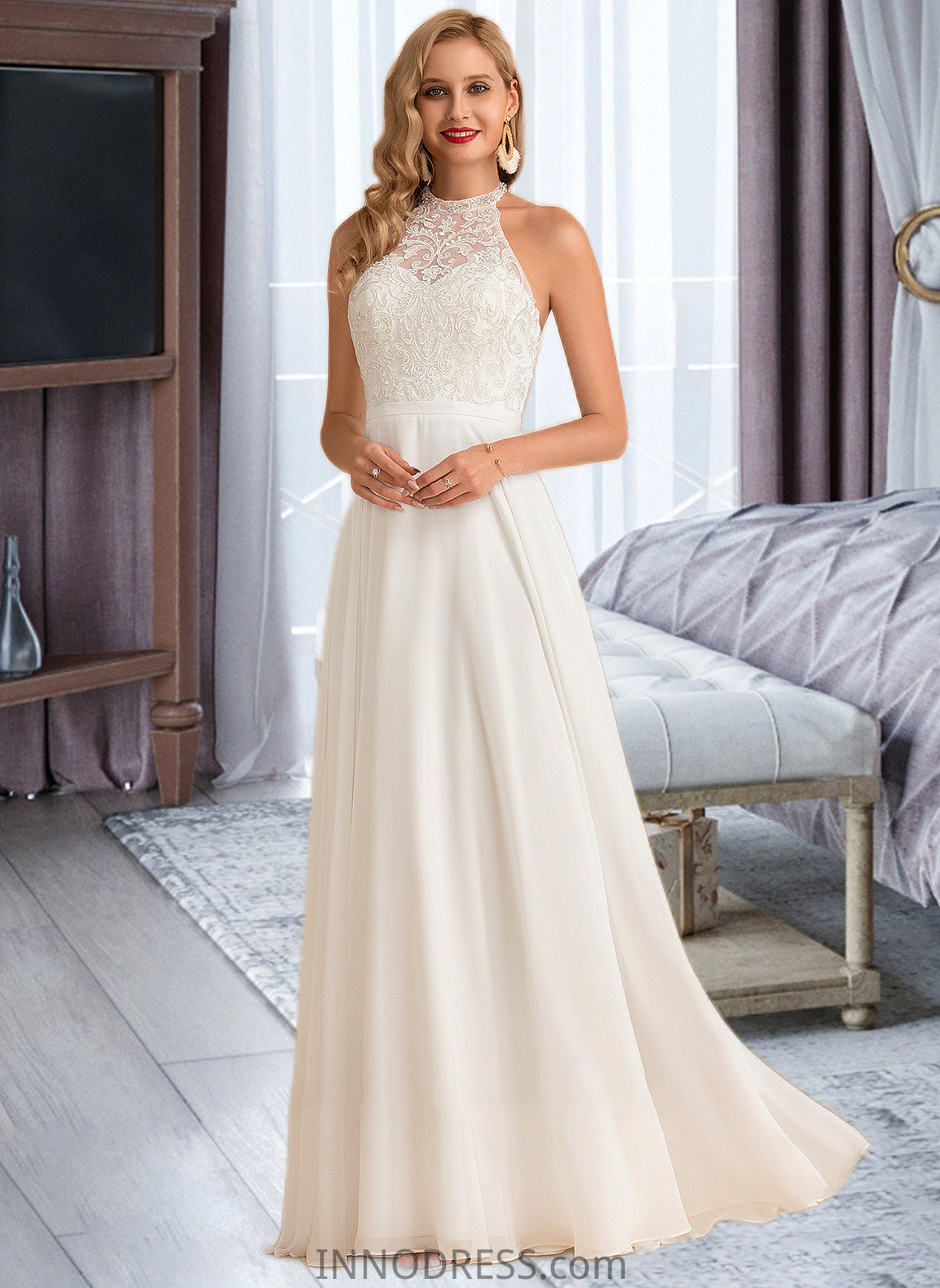 Marina A-Line High Neck Floor-Length Chiffon Wedding Dress DPP0013702