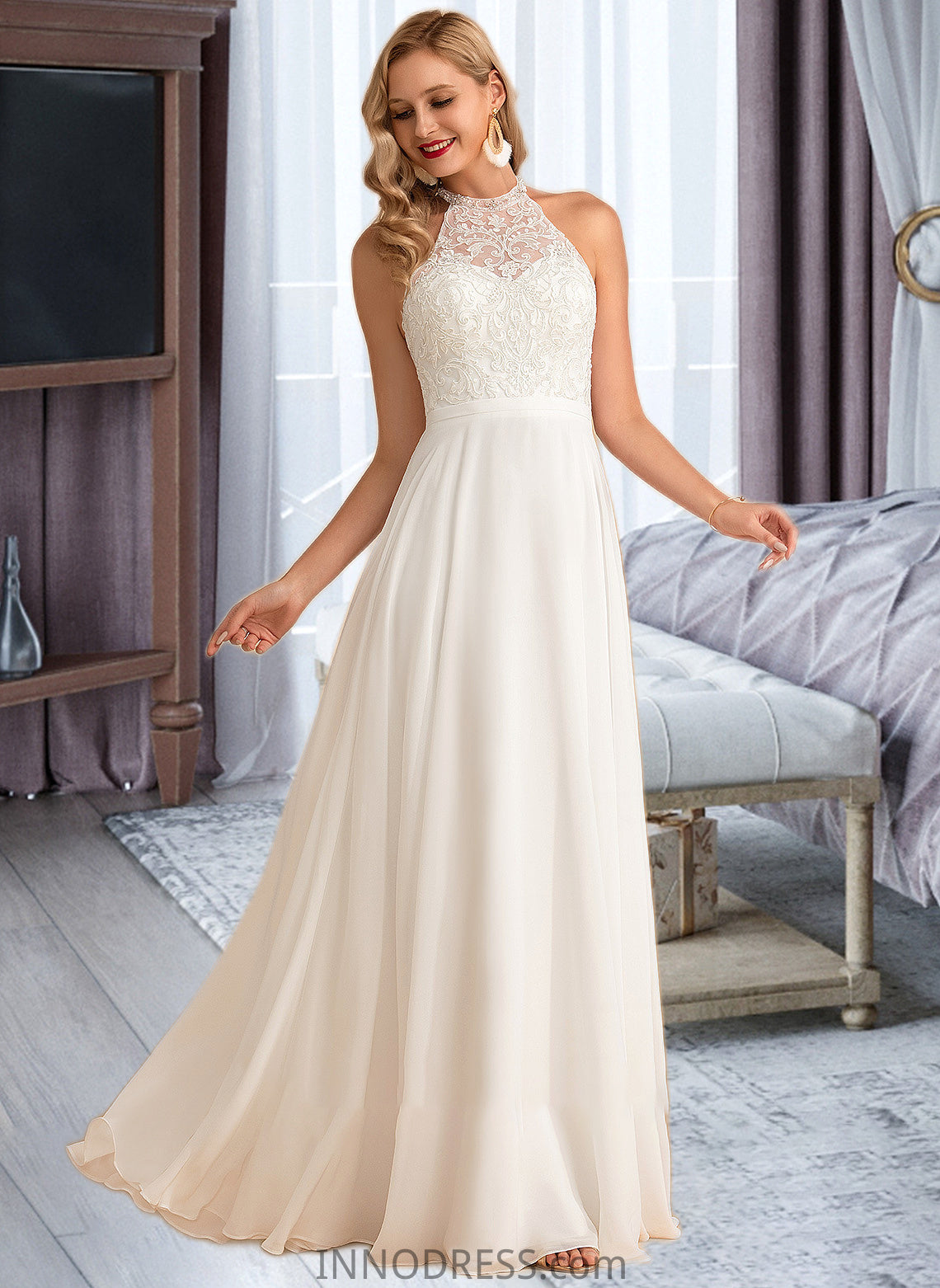 Marina A-Line High Neck Floor-Length Chiffon Wedding Dress DPP0013702