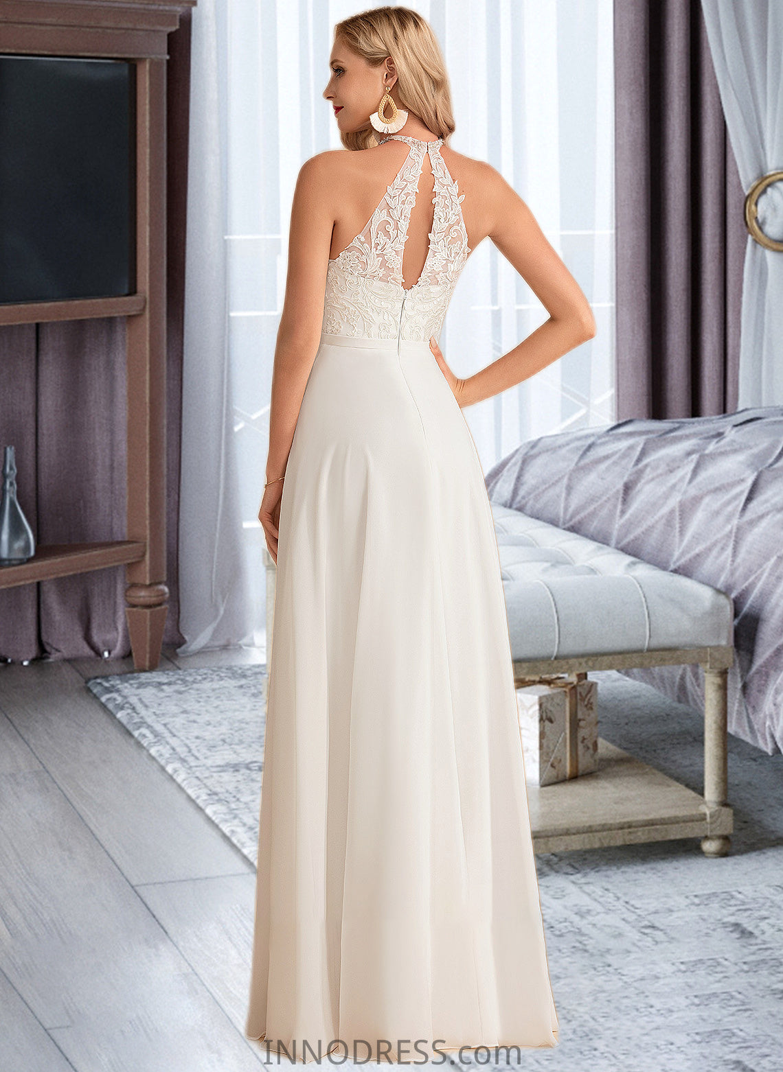 Marina A-Line High Neck Floor-Length Chiffon Wedding Dress DPP0013702