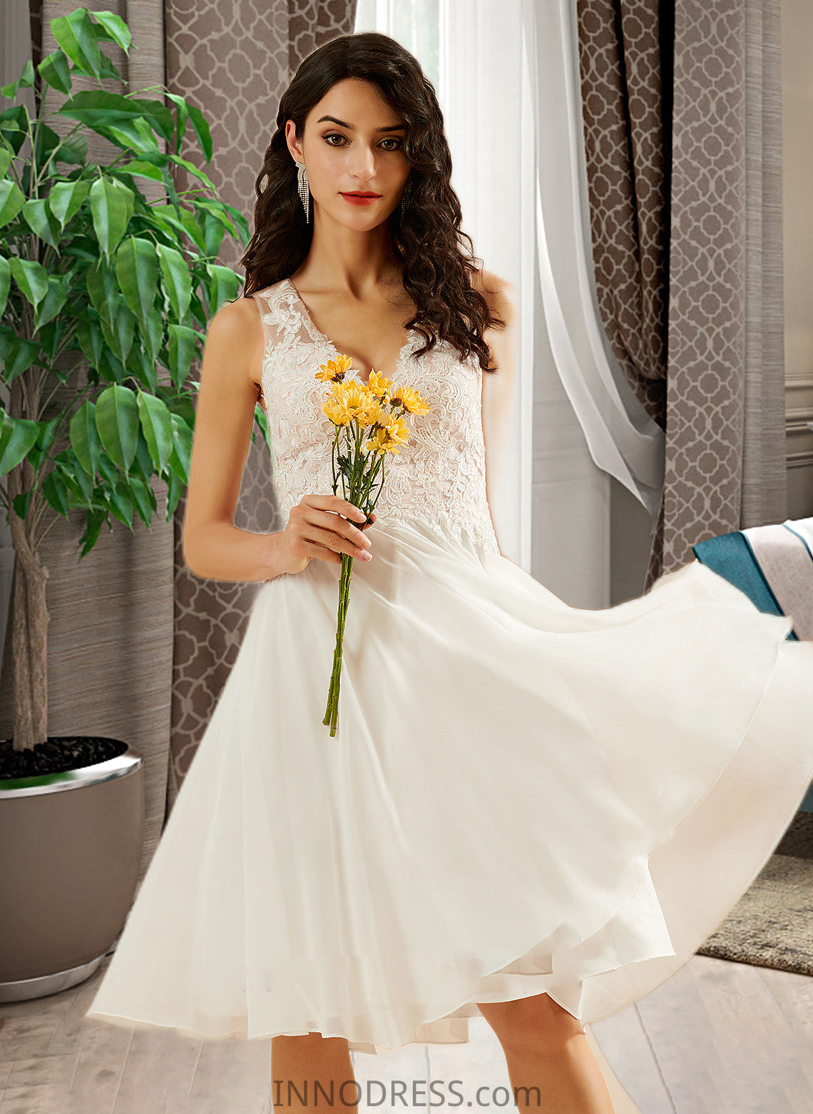 Ina A-Line V-neck Knee-Length Wedding Dress With Lace Sequins DPP0013703