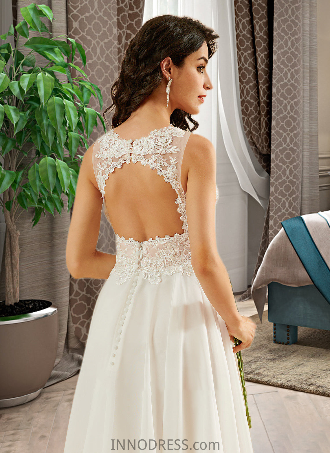 Ina A-Line V-neck Knee-Length Wedding Dress With Lace Sequins DPP0013703