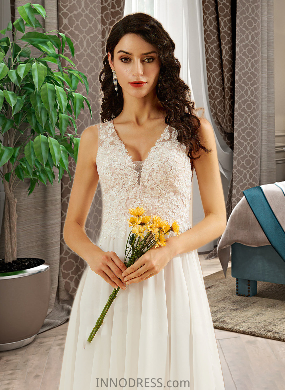 Ina A-Line V-neck Knee-Length Wedding Dress With Lace Sequins DPP0013703