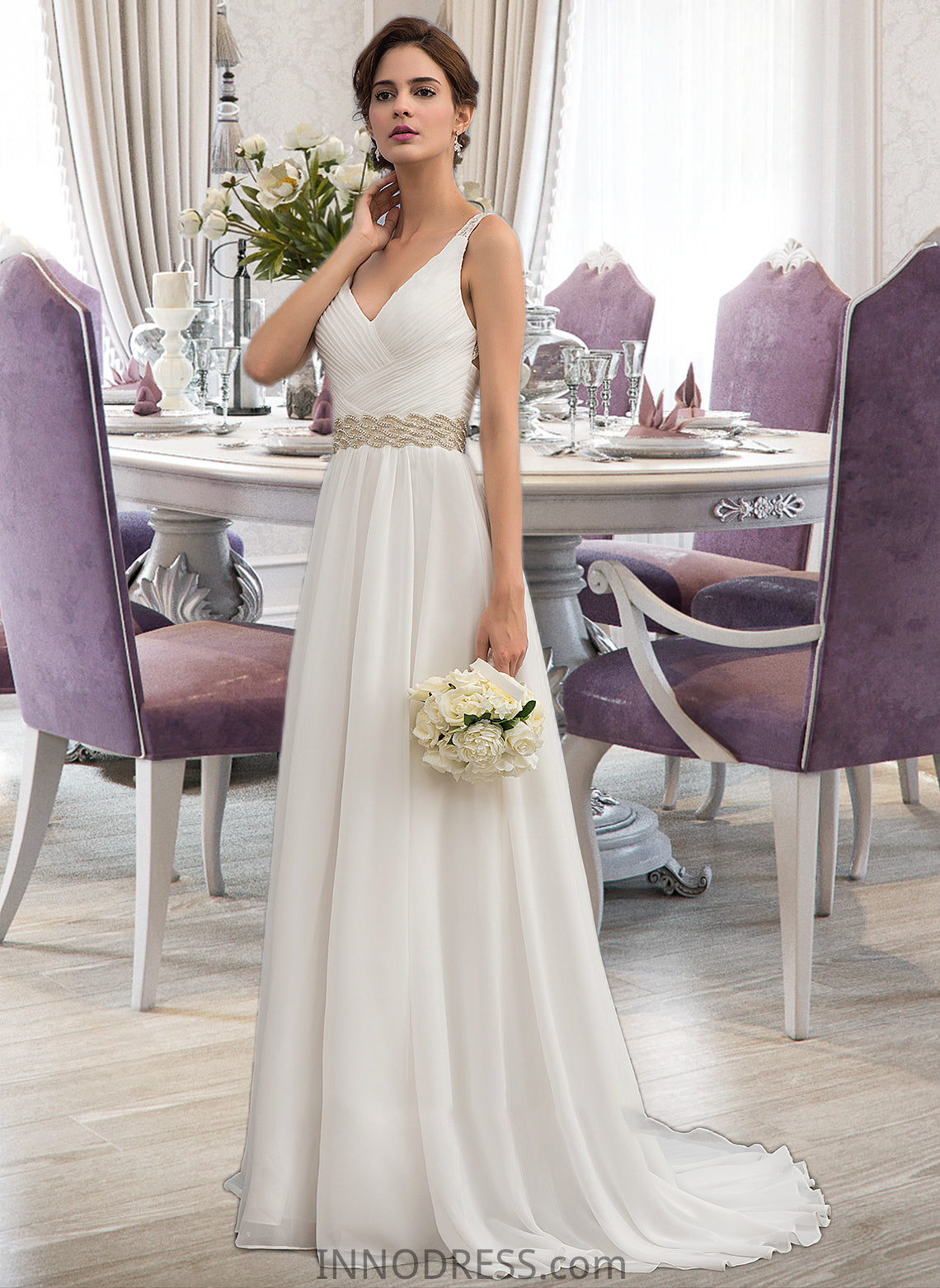 Mariah A-Line V-neck Sweep Train Chiffon Wedding Dress With Ruffle Lace Beading Sequins DPP0013705