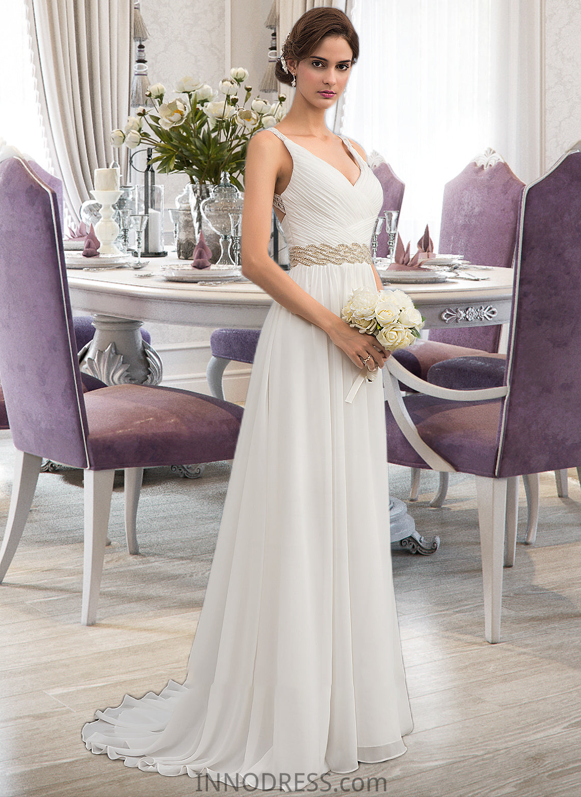 Mariah A-Line V-neck Sweep Train Chiffon Wedding Dress With Ruffle Lace Beading Sequins DPP0013705