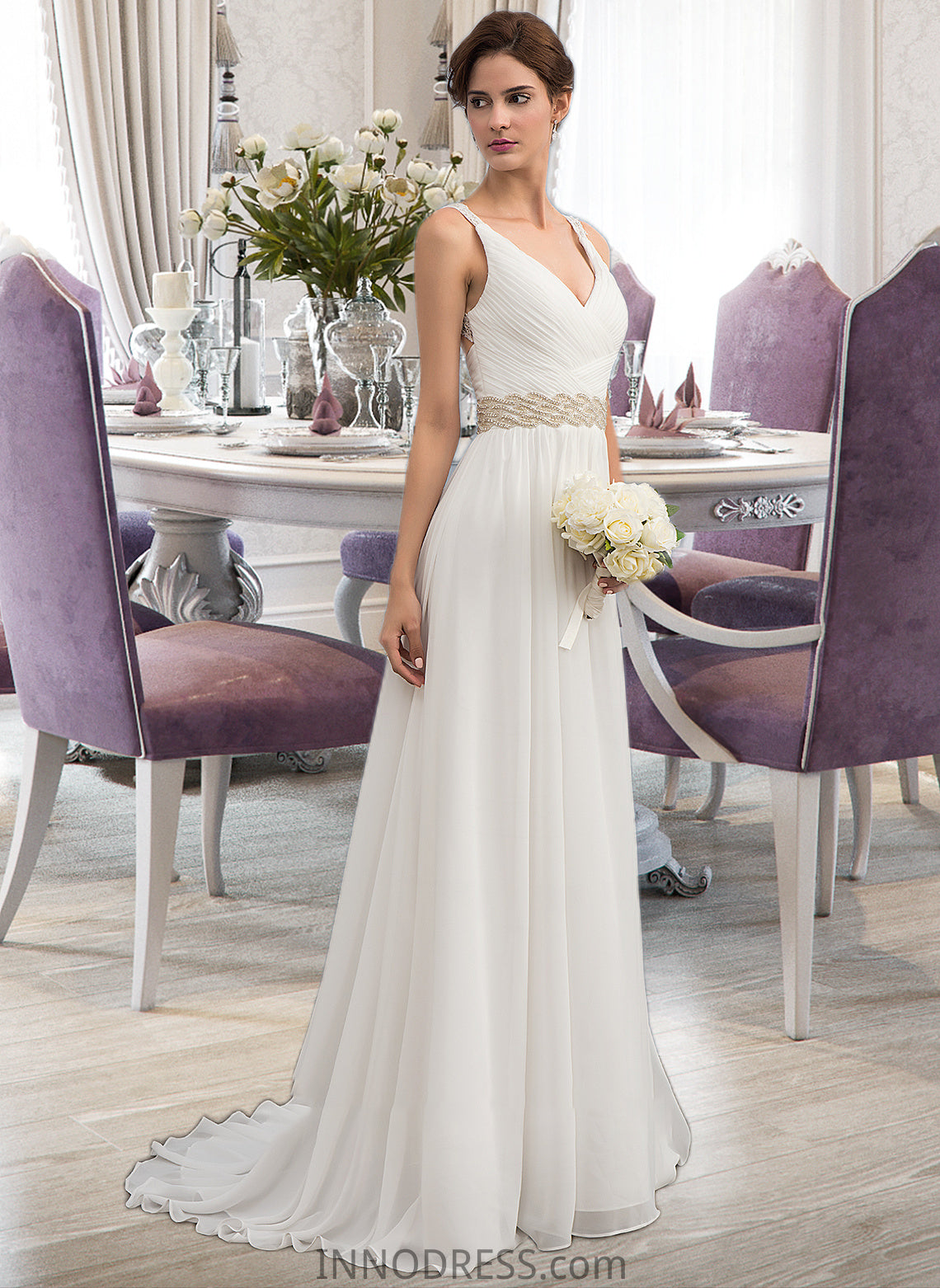 Mariah A-Line V-neck Sweep Train Chiffon Wedding Dress With Ruffle Lace Beading Sequins DPP0013705