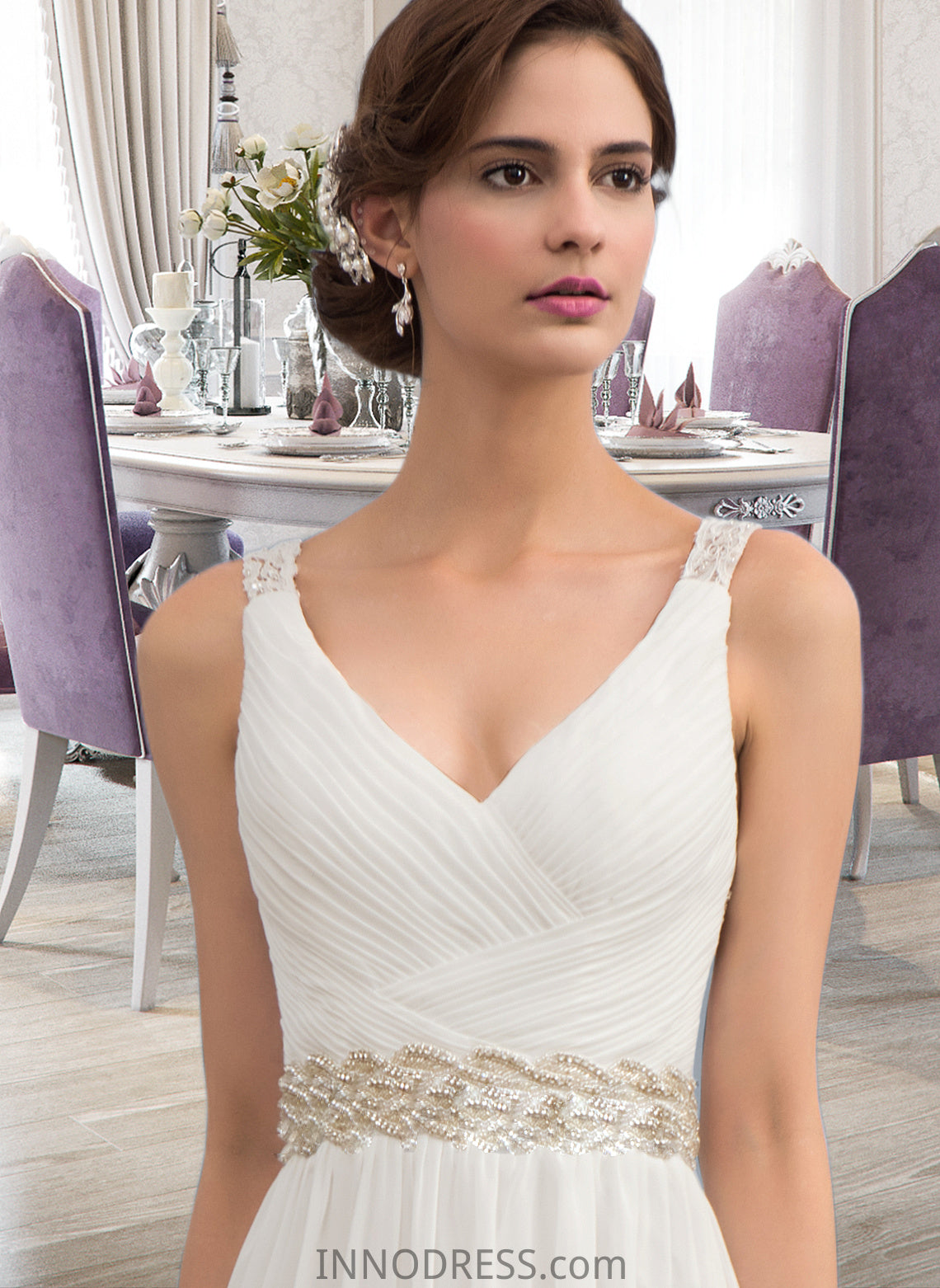 Mariah A-Line V-neck Sweep Train Chiffon Wedding Dress With Ruffle Lace Beading Sequins DPP0013705