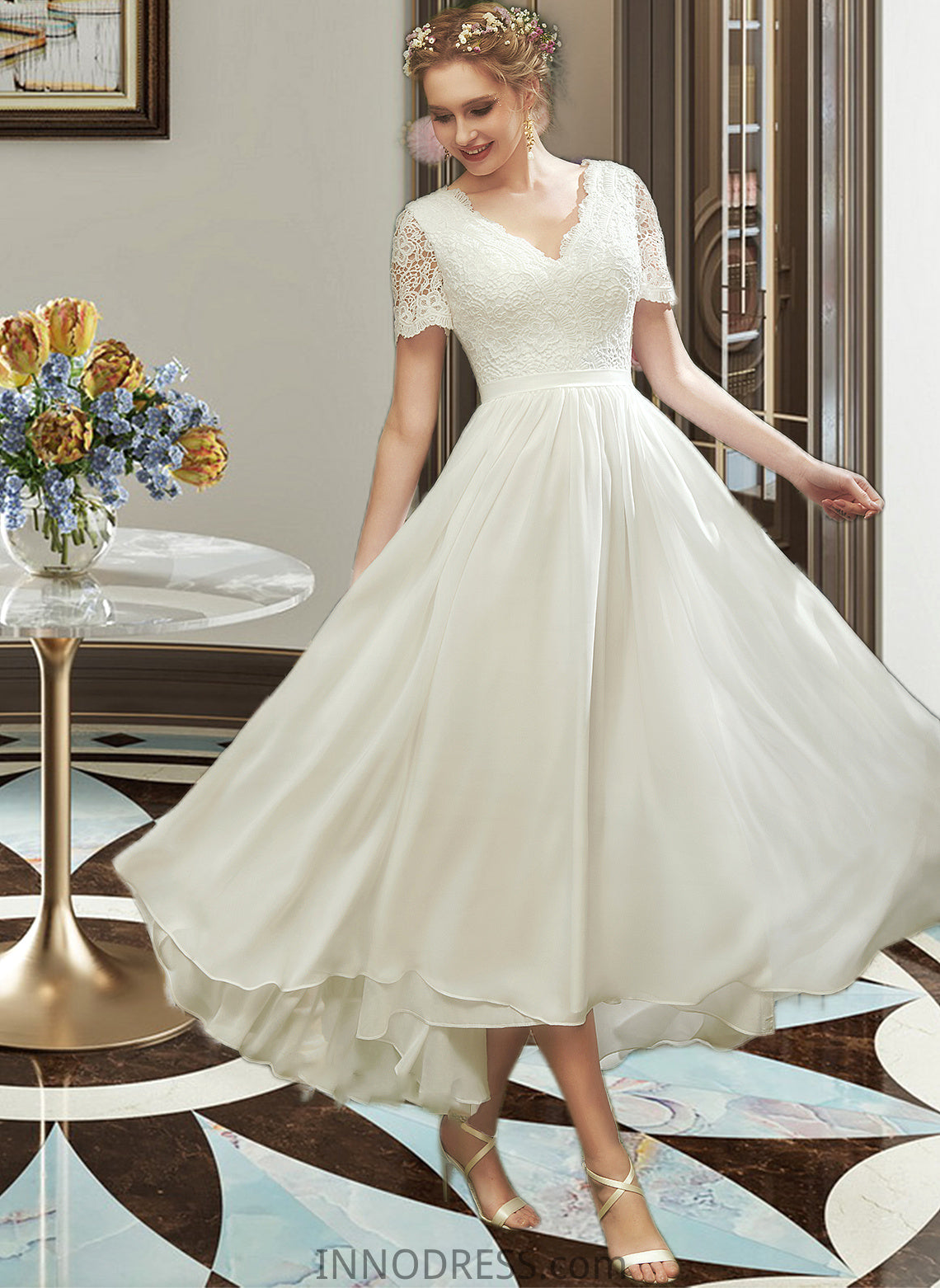 Mikayla A-Line V-neck Asymmetrical Wedding Dress With Lace DPP0013712