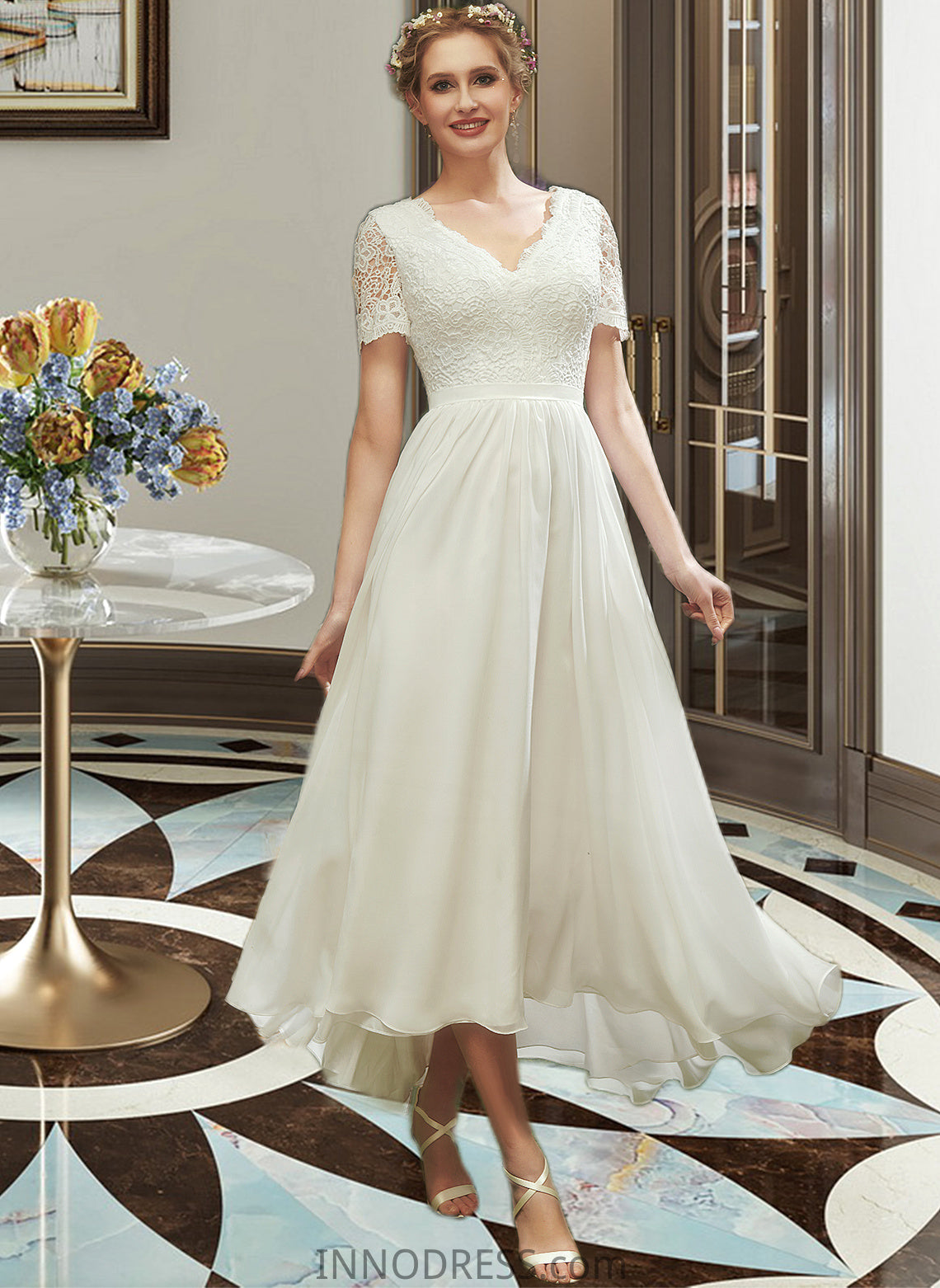 Mikayla A-Line V-neck Asymmetrical Wedding Dress With Lace DPP0013712