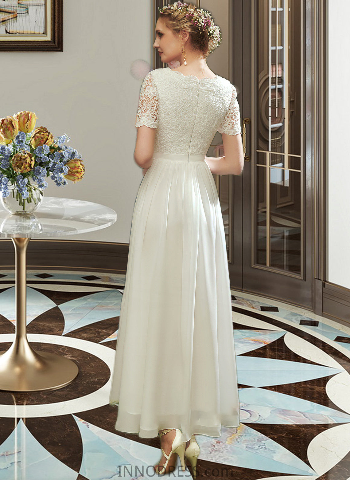 Mikayla A-Line V-neck Asymmetrical Wedding Dress With Lace DPP0013712