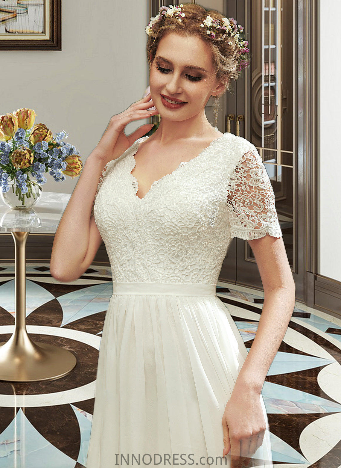 Mikayla A-Line V-neck Asymmetrical Wedding Dress With Lace DPP0013712