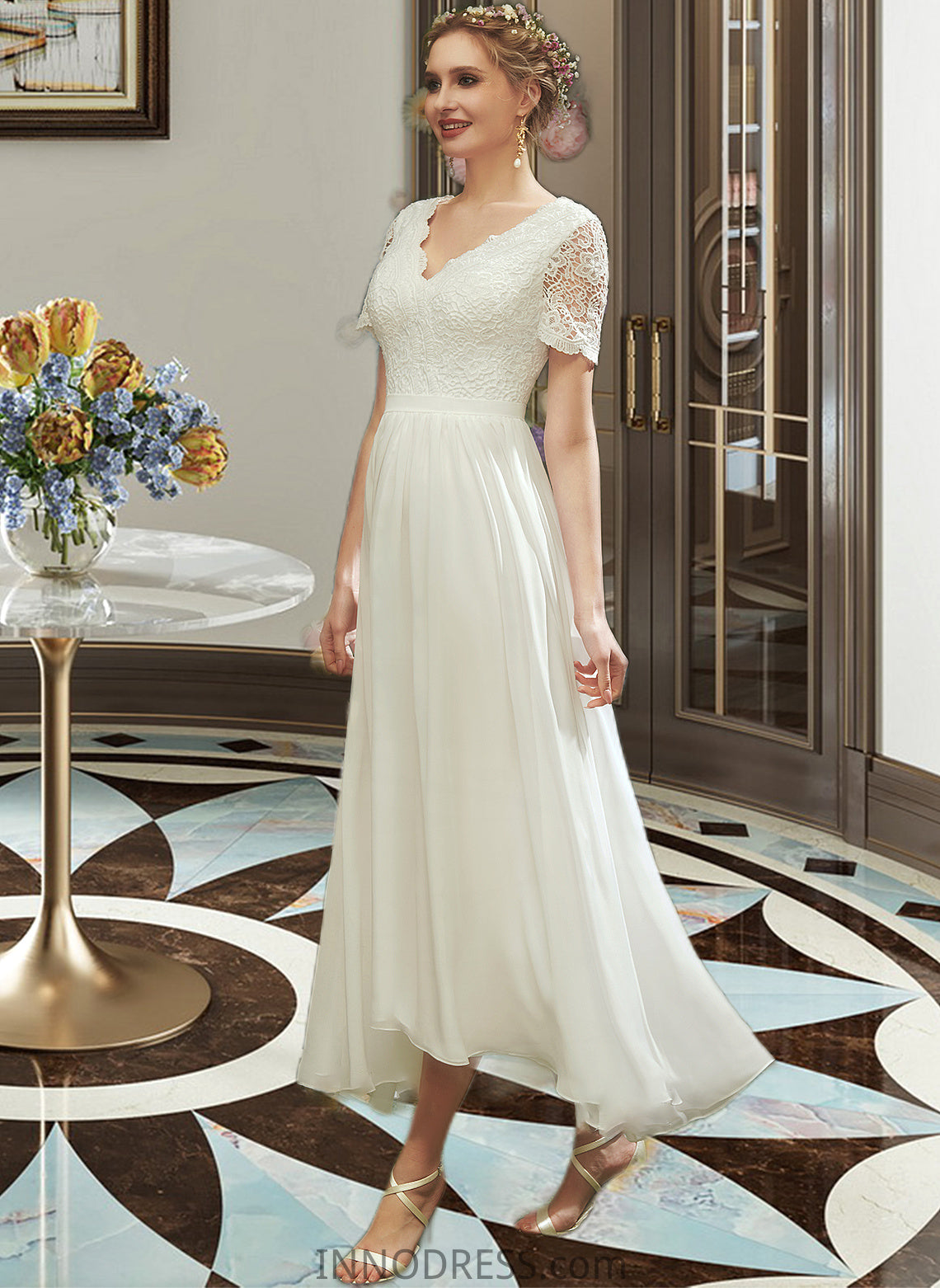 Mikayla A-Line V-neck Asymmetrical Wedding Dress With Lace DPP0013712