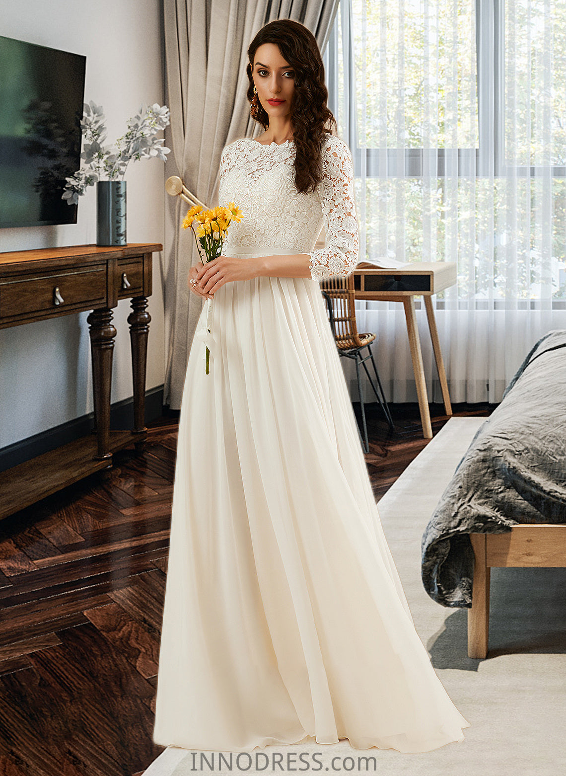 Desirae A-Line Sweep Train Wedding Dress With Lace DPP0013715