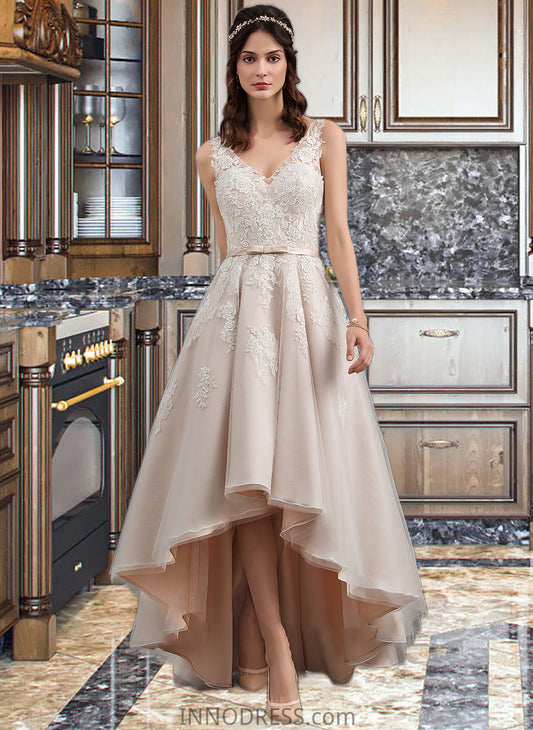 Janiyah A-Line V-neck Asymmetrical Tulle Lace Wedding Dress With Bow(s) DPP0013717