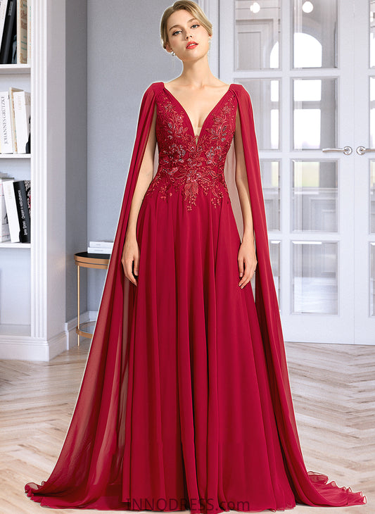 Vicky A-Line V-neck Floor-Length Chiffon Wedding Dress With Sequins DPP0013718