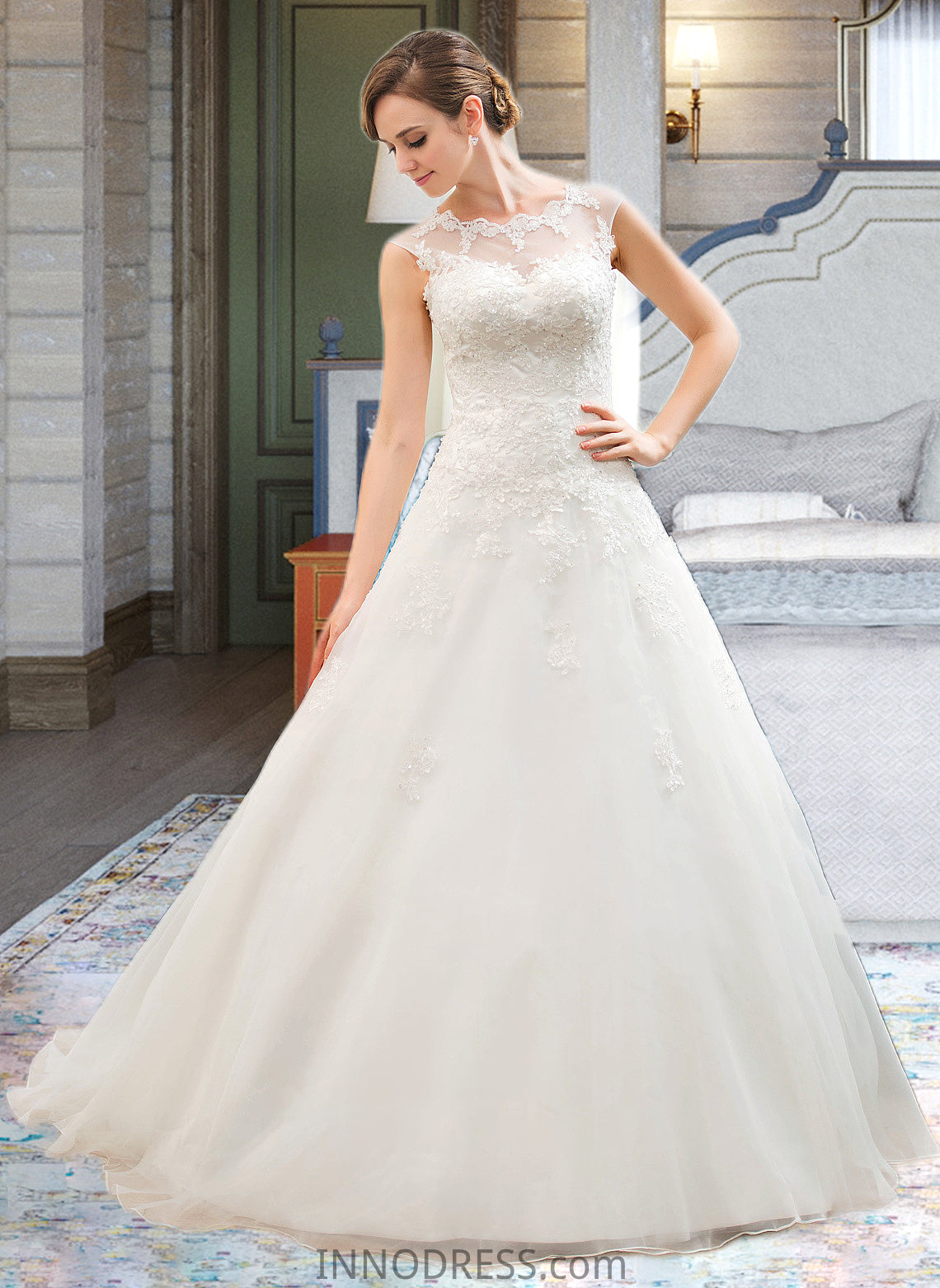 Amirah Ball-Gown/Princess Illusion Sweep Train Organza Tulle Wedding Dress With Beading Sequins DPP0013719