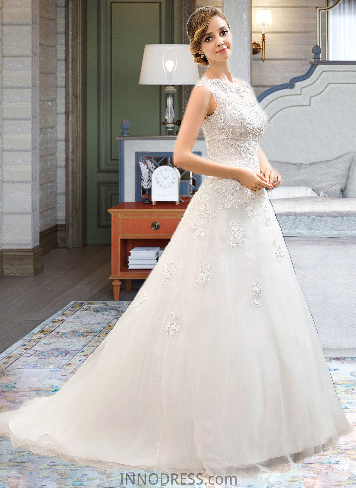 Amirah Ball-Gown/Princess Illusion Sweep Train Organza Tulle Wedding Dress With Beading Sequins DPP0013719