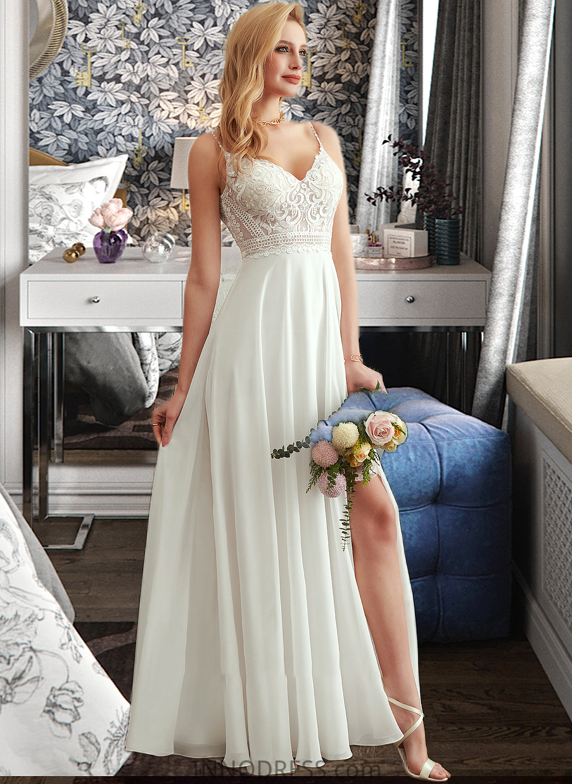 Camilla A-Line V-neck Floor-Length Wedding Dress With Split Front DPP0013721