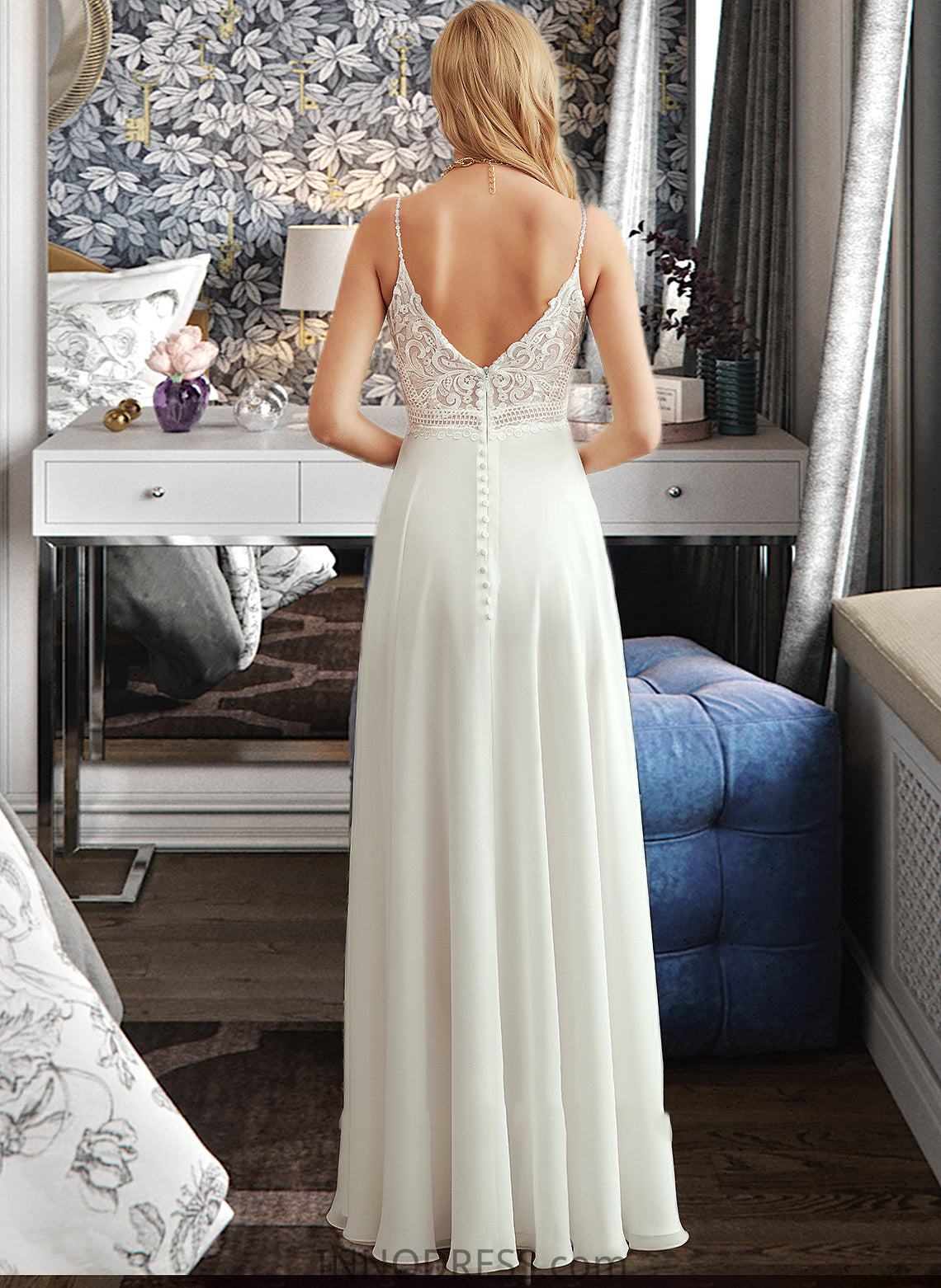 Camilla A-Line V-neck Floor-Length Wedding Dress With Split Front DPP0013721