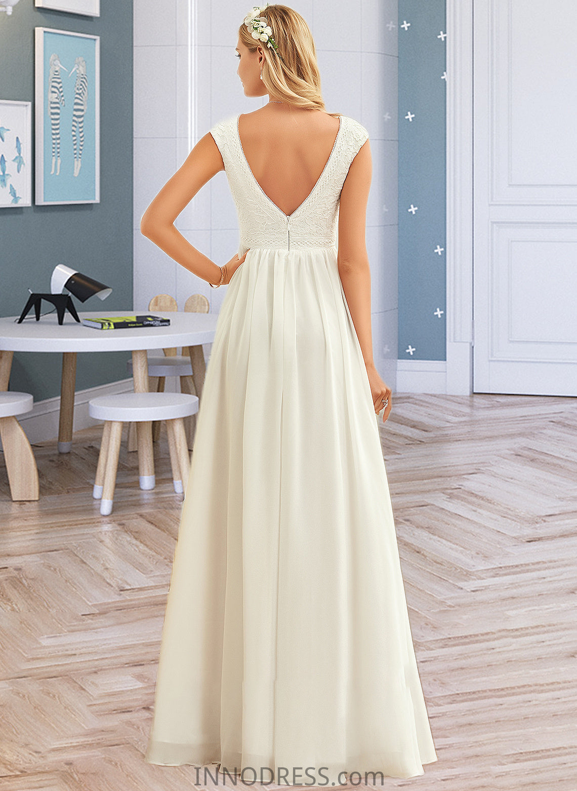 Liberty A-Line V-neck Floor-Length Chiffon Lace Wedding Dress DPP0013722