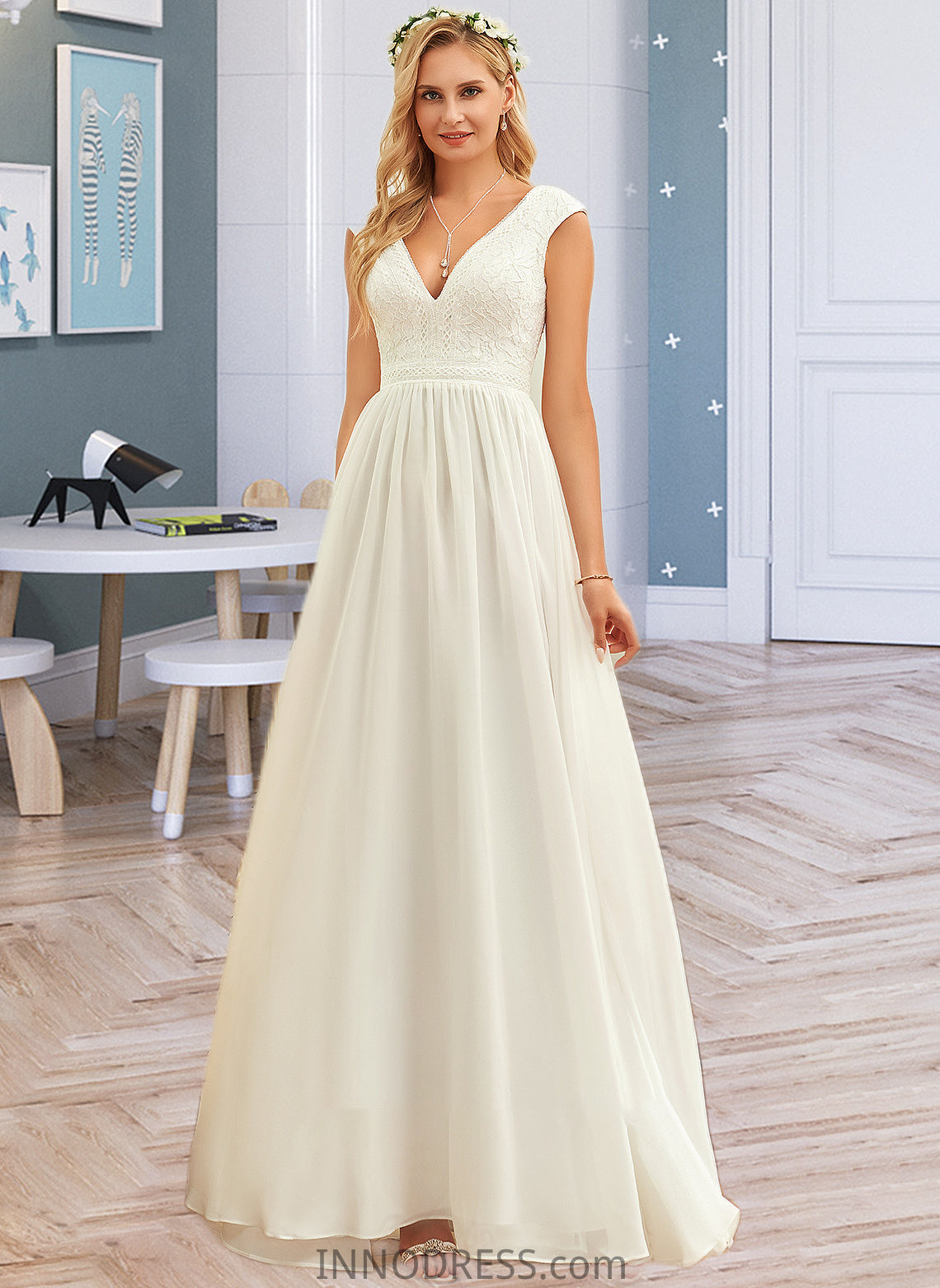 Liberty A-Line V-neck Floor-Length Chiffon Lace Wedding Dress DPP0013722