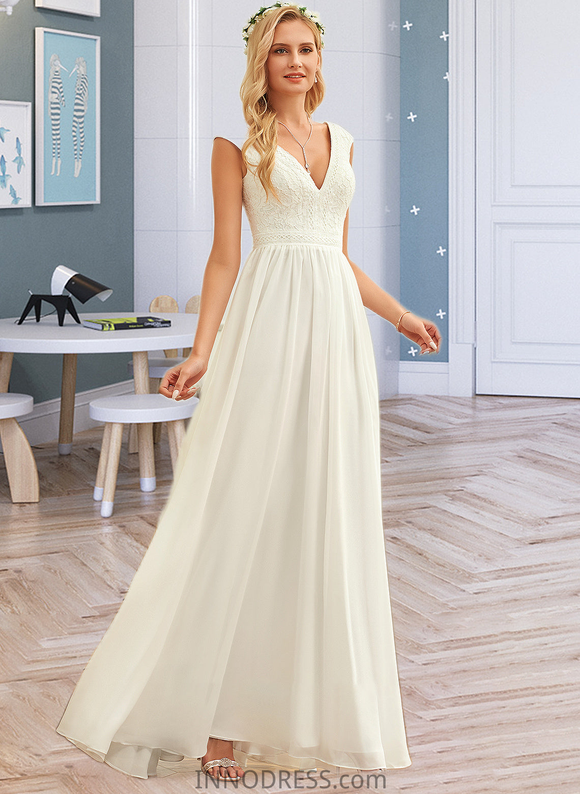 Liberty A-Line V-neck Floor-Length Chiffon Lace Wedding Dress DPP0013722