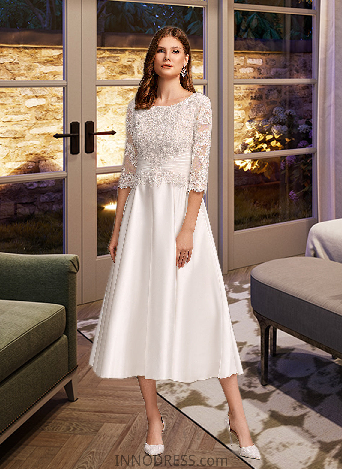 Lyric A-Line Scoop Neck Tea-Length Wedding Dress With Pockets DPP0013723