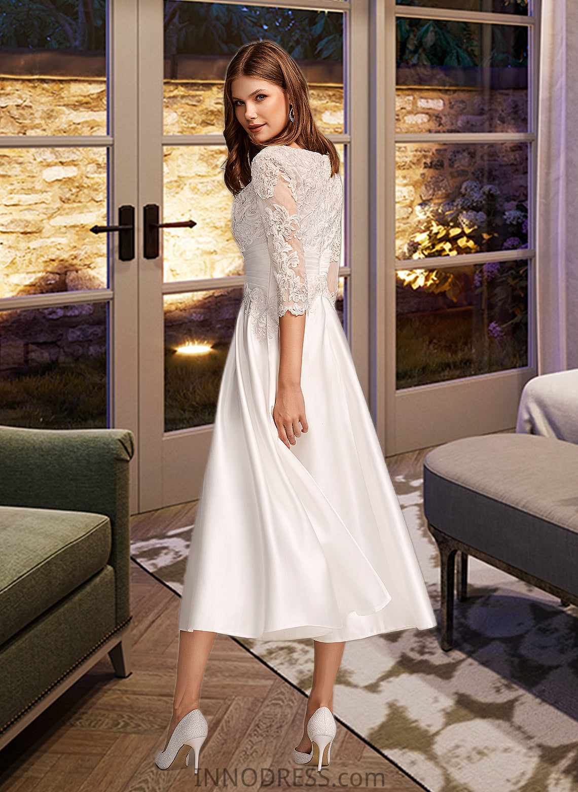 Lyric A-Line Scoop Neck Tea-Length Wedding Dress With Pockets DPP0013723