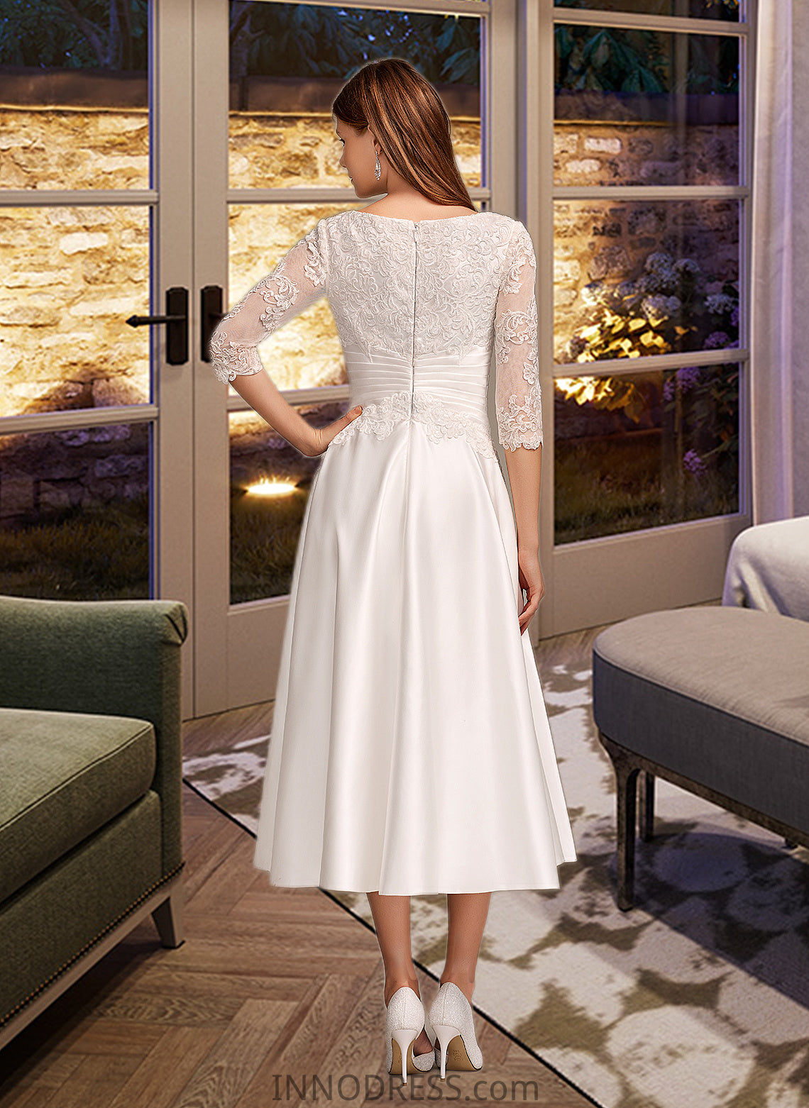 Lyric A-Line Scoop Neck Tea-Length Wedding Dress With Pockets DPP0013723