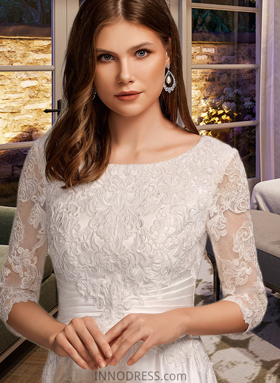 Lyric A-Line Scoop Neck Tea-Length Wedding Dress With Pockets DPP0013723