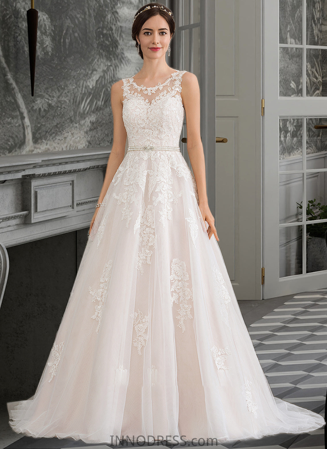 Roberta Ball-Gown/Princess Scoop Neck Court Train Tulle Wedding Dress With Beading Sequins DPP0013730