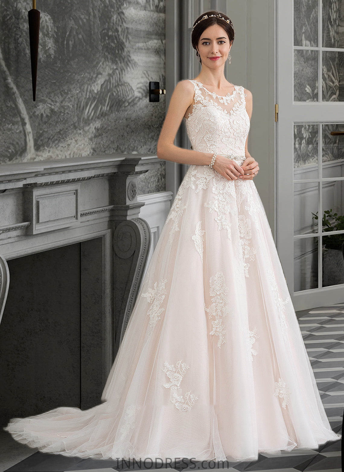 Roberta Ball-Gown/Princess Scoop Neck Court Train Tulle Wedding Dress With Beading Sequins DPP0013730