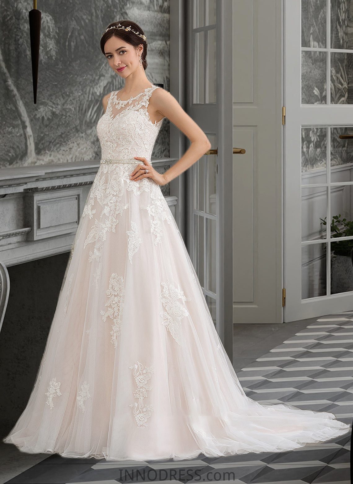 Roberta Ball-Gown/Princess Scoop Neck Court Train Tulle Wedding Dress With Beading Sequins DPP0013730