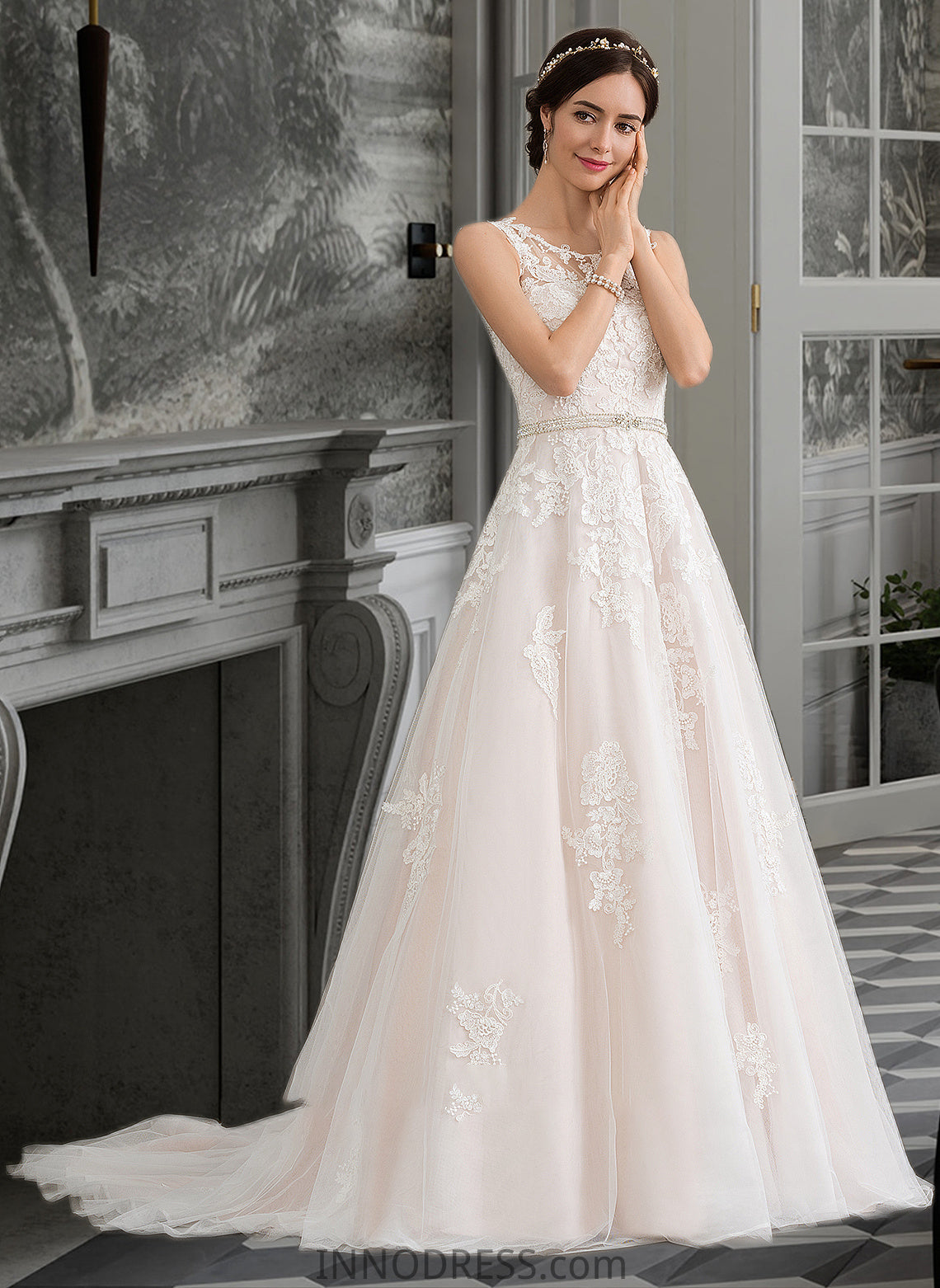 Roberta Ball-Gown/Princess Scoop Neck Court Train Tulle Wedding Dress With Beading Sequins DPP0013730