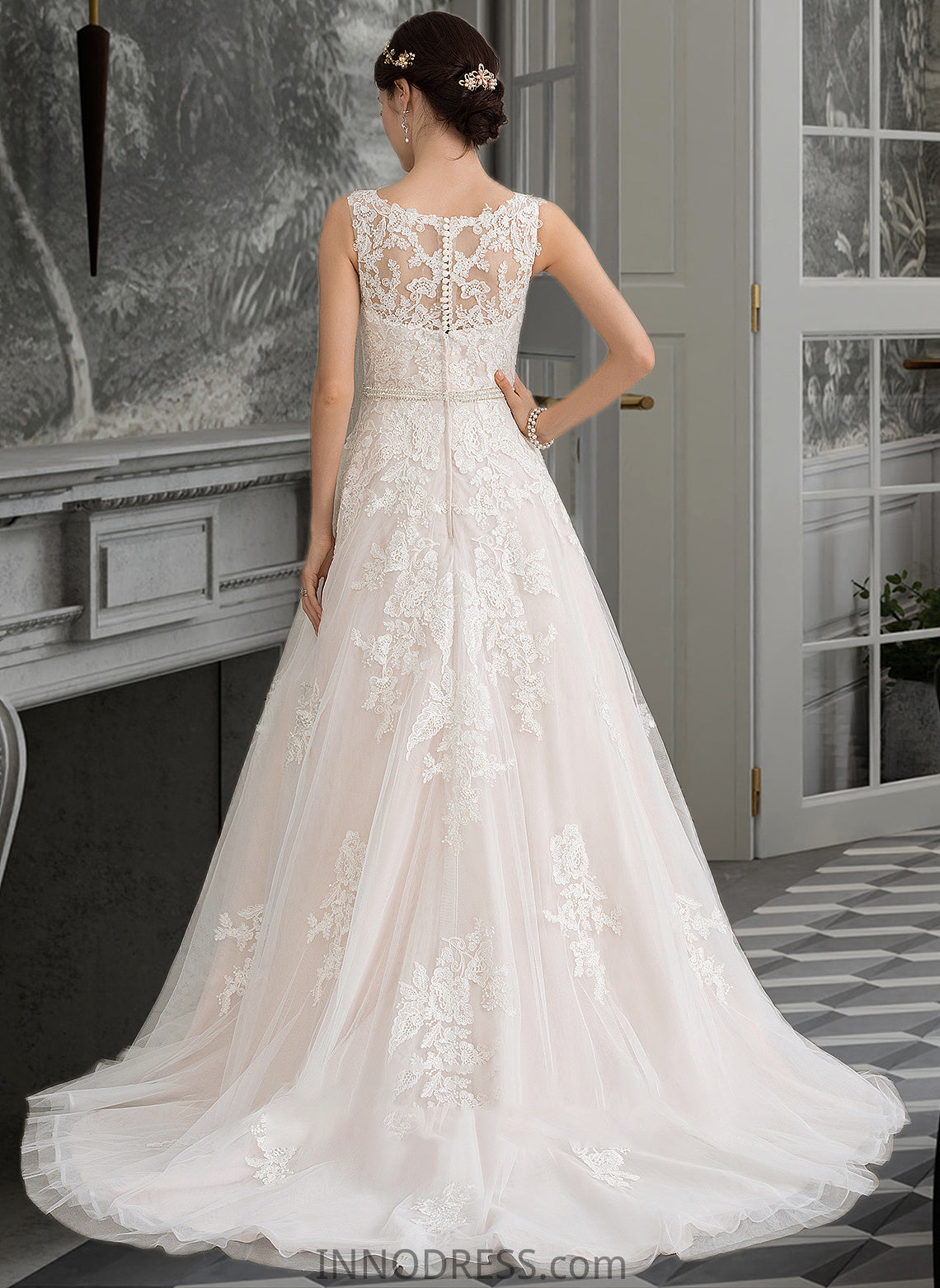 Roberta Ball-Gown/Princess Scoop Neck Court Train Tulle Wedding Dress With Beading Sequins DPP0013730