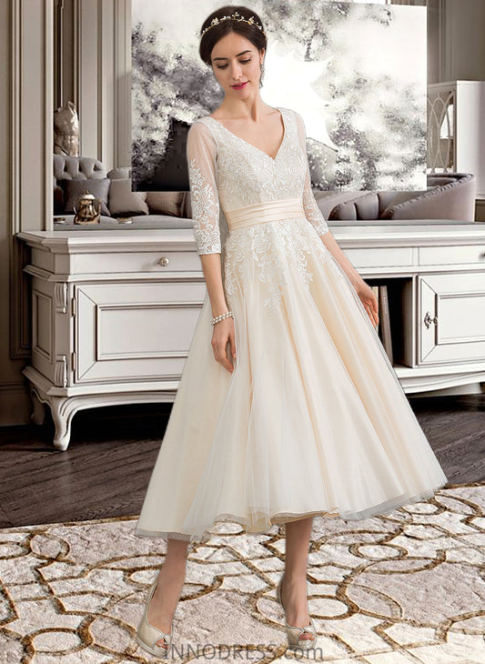 Gracie Ball-Gown/Princess V-neck Tea-Length Tulle Wedding Dress DPP0013731