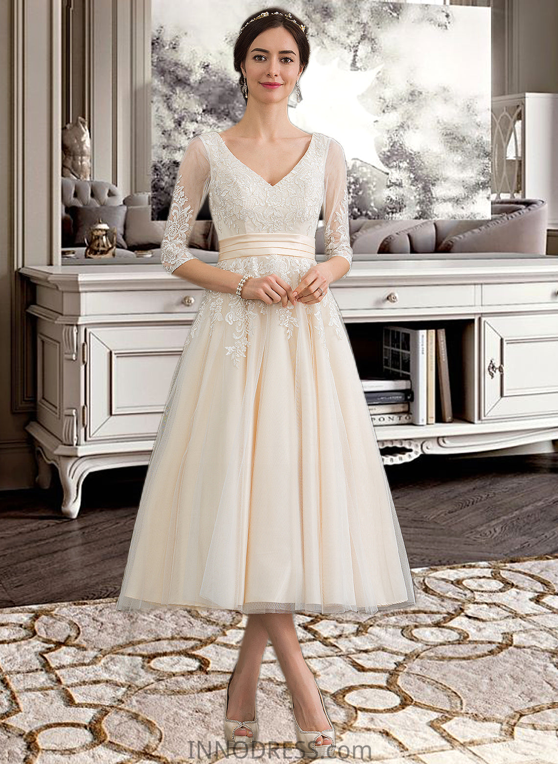 Gracie Ball-Gown/Princess V-neck Tea-Length Tulle Wedding Dress DPP0013731