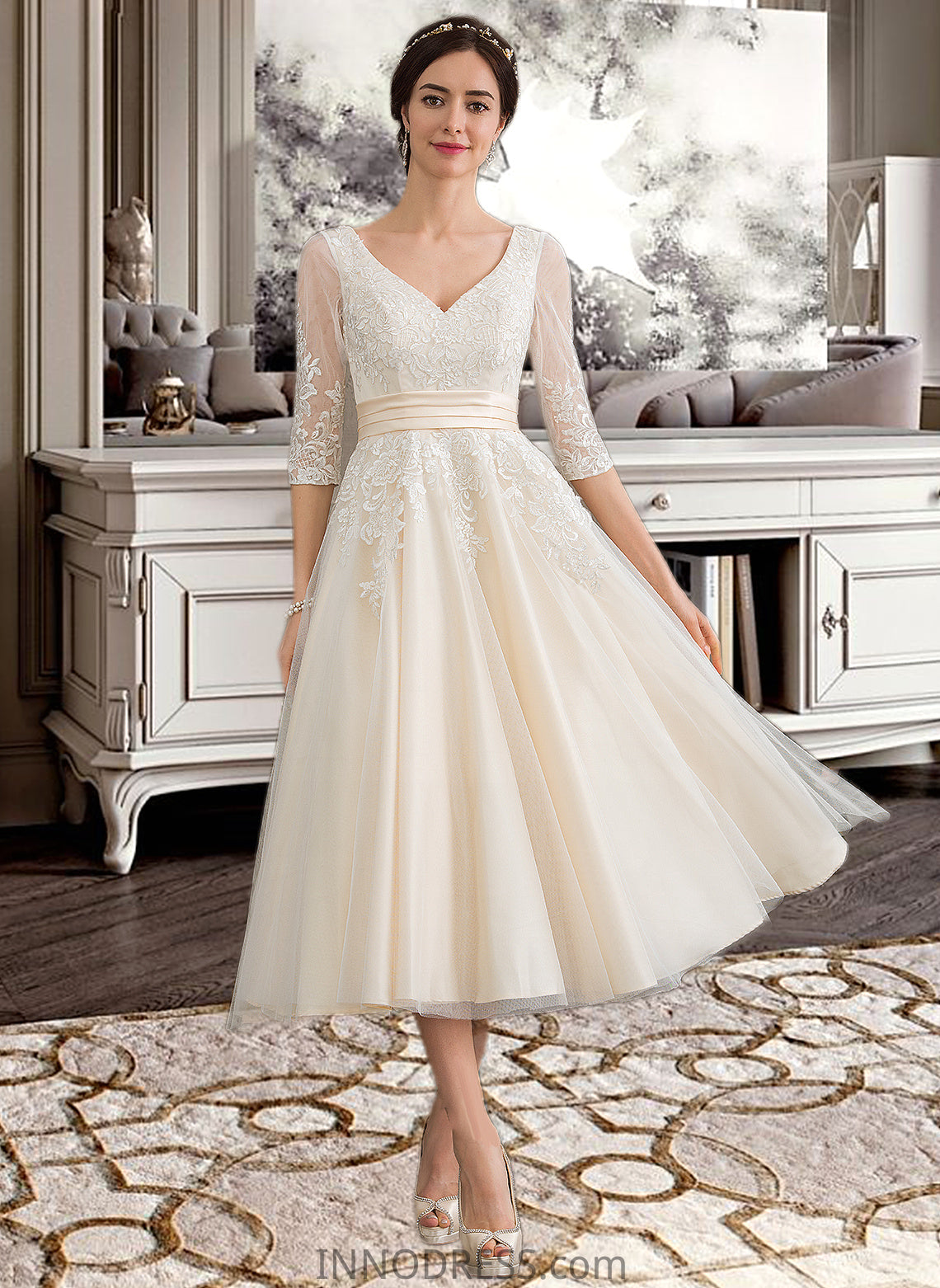 Gracie Ball-Gown/Princess V-neck Tea-Length Tulle Wedding Dress DPP0013731