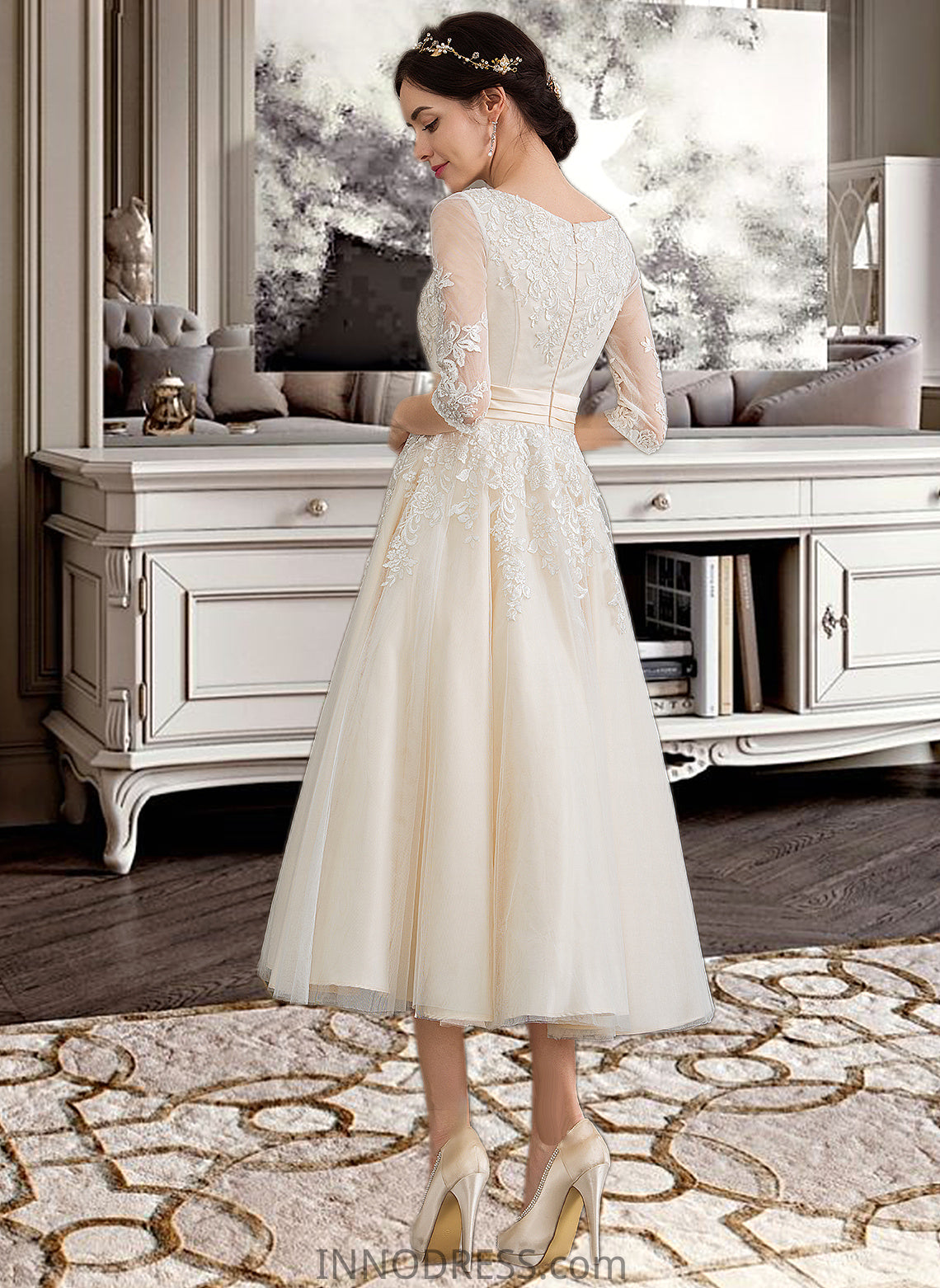 Gracie Ball-Gown/Princess V-neck Tea-Length Tulle Wedding Dress DPP0013731