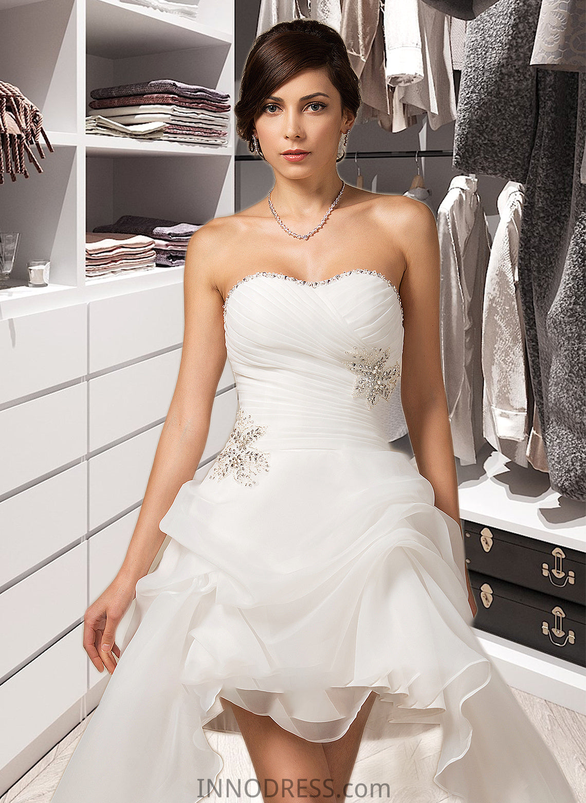 Reina A-Line Sweetheart Asymmetrical Organza Wedding Dress With Ruffle Beading Sequins DPP0013733